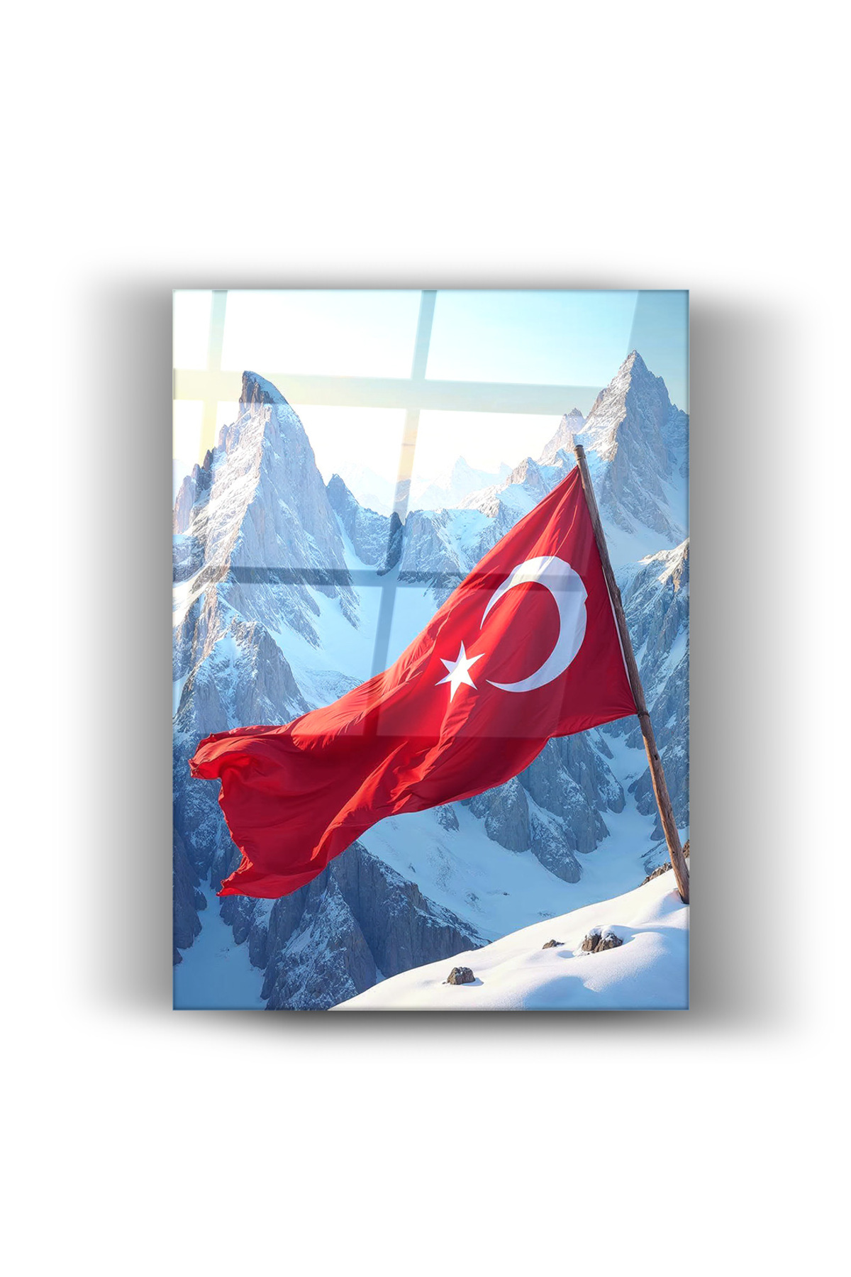 Karlı Daglarda Şanlı Türk Bayragı-Cam Tablo-Ev-Ofis Dekorasyon