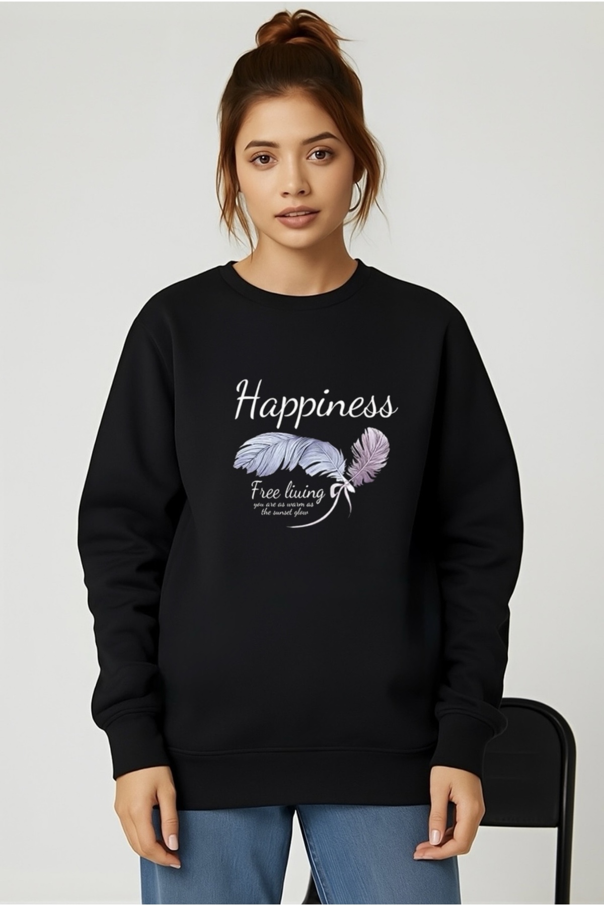 FUFLUNS Happiness Feather Printed Oversize Unisex Women/Men Crop Neck Sweatshirt