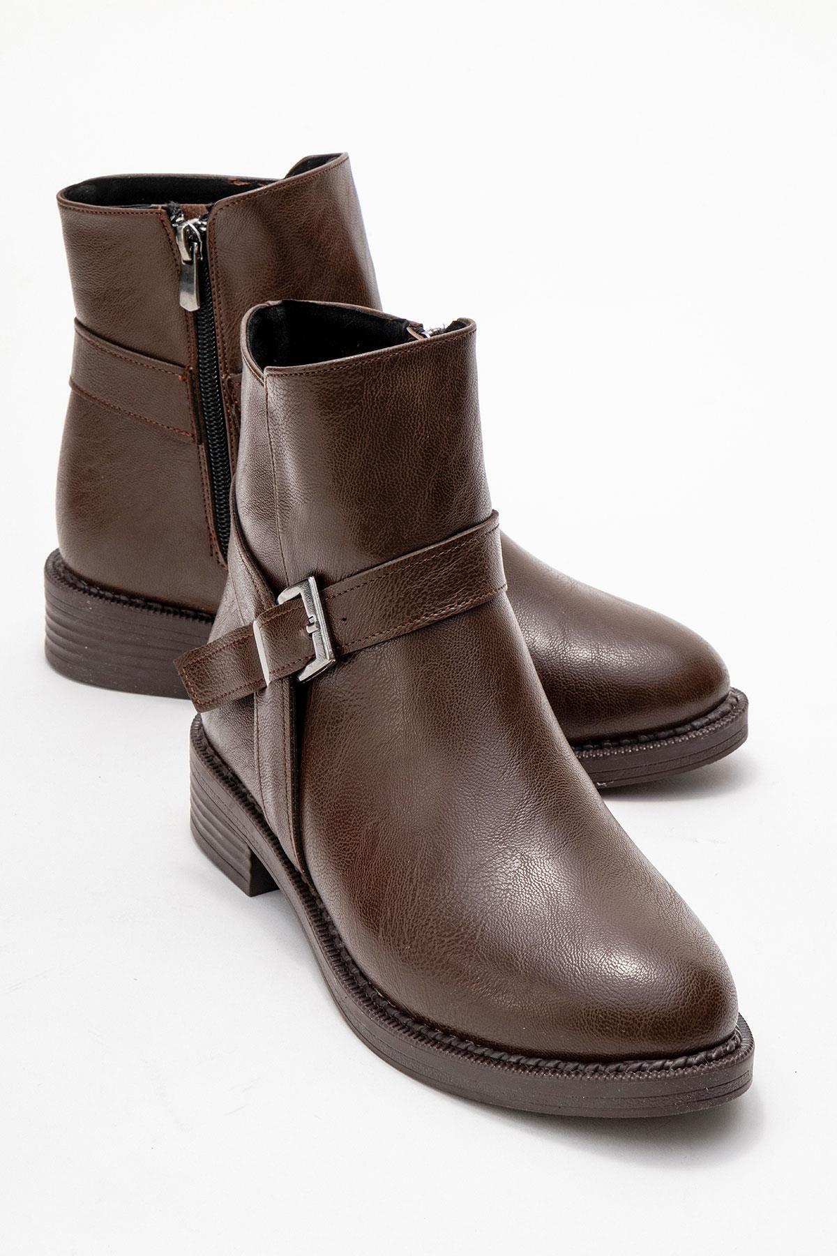 CCWAY AYAKKABI Women's Boots with Side Buckle Brown Leather