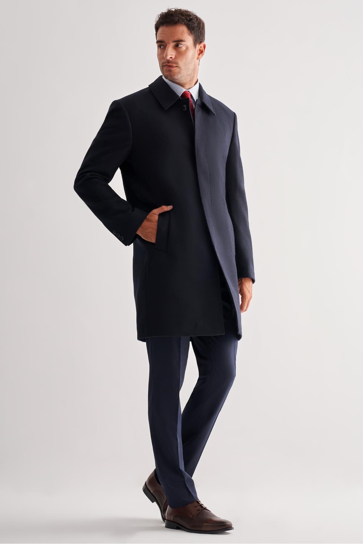 İmza  Koyu Lacivert Berberi Yaka Tam Astar Classic Comfort Fit Esnek Kaşe Palto 1005255152 - Görsel 3