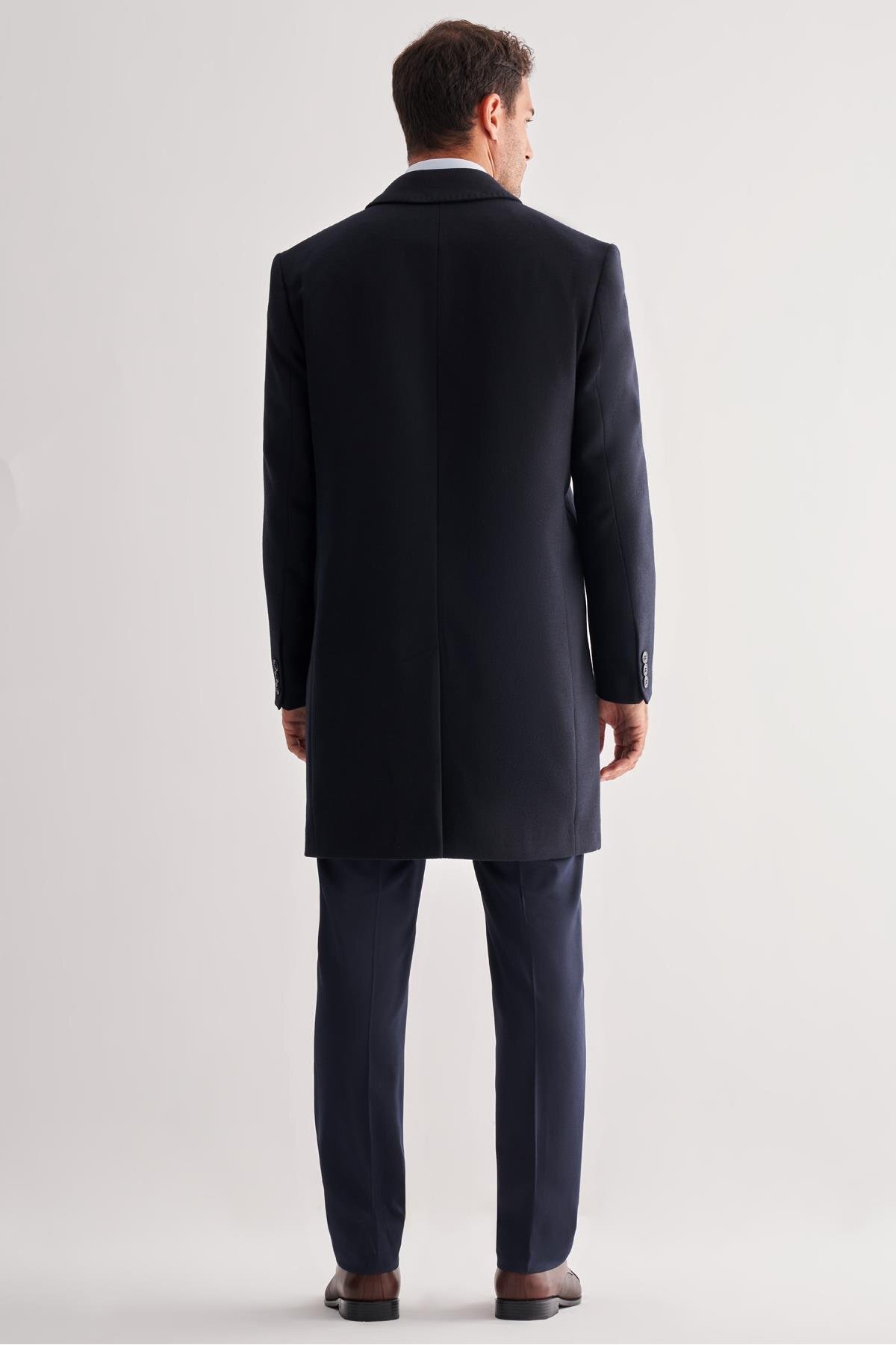 İmza  Koyu Lacivert Berberi Yaka Tam Astar Classic Comfort Fit Esnek Kaşe Palto 1005255152 - Görsel 5