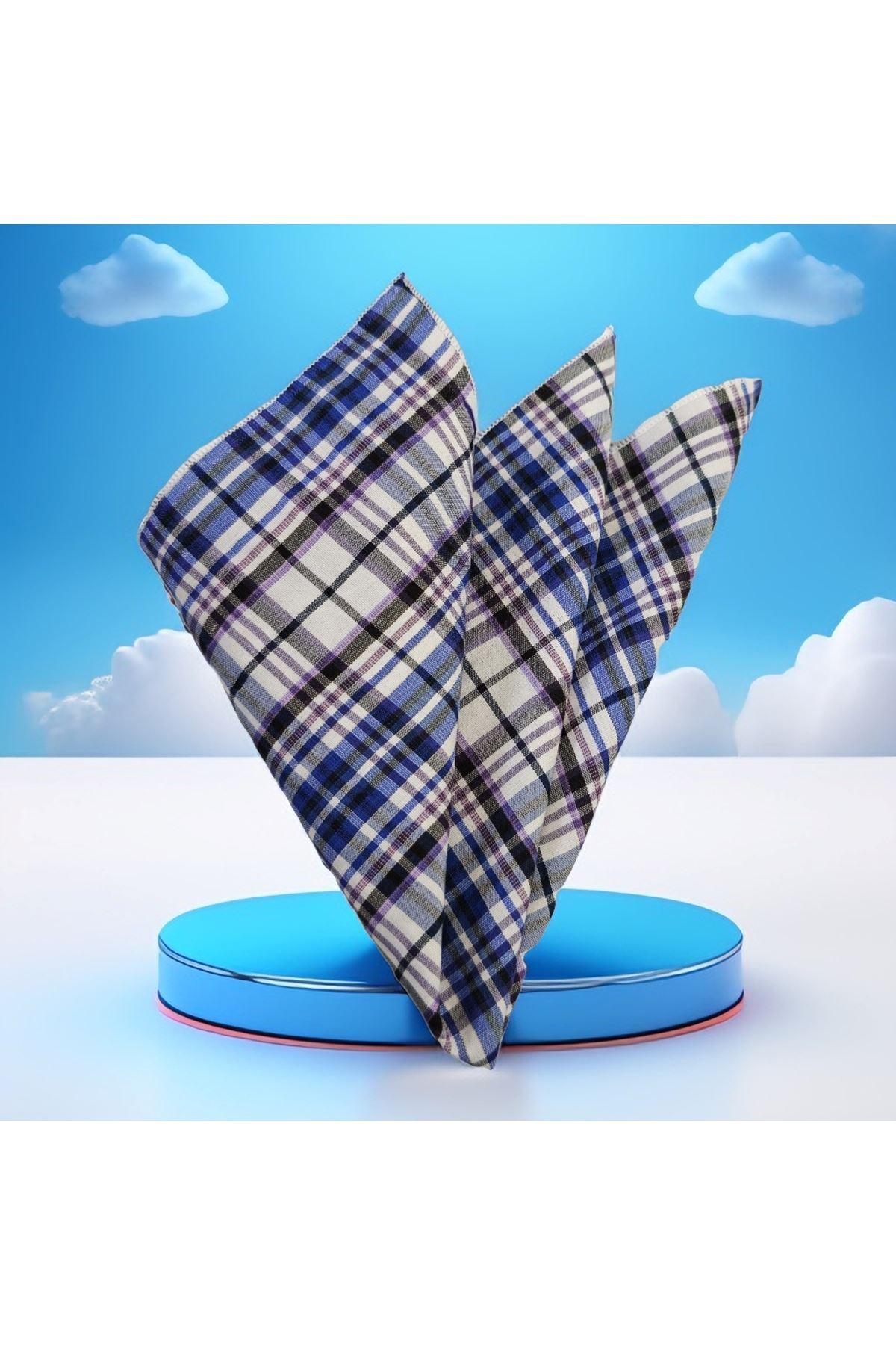 Exve Exclusive Beyaz Mavi Mor Ekoseli Cep Aksesuarı Yaka Mendili