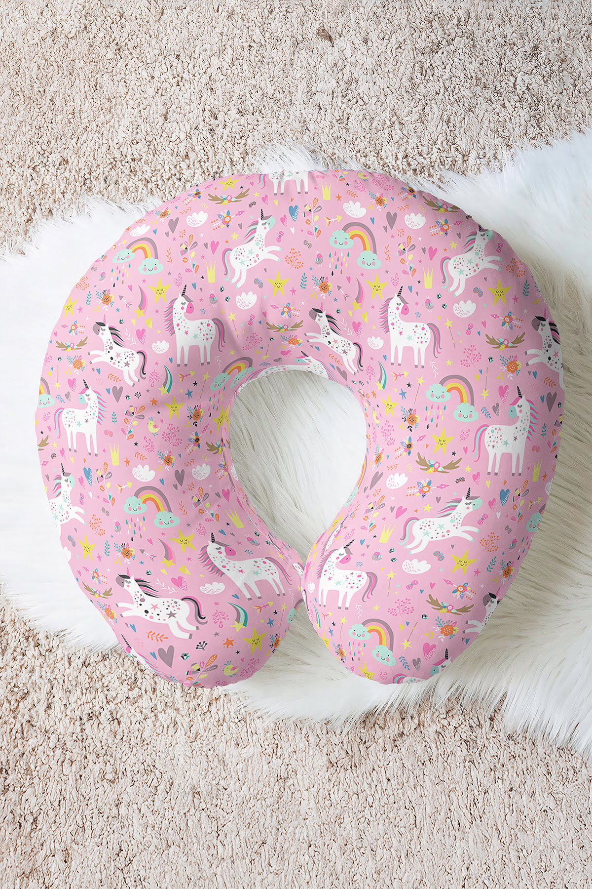 Unicorn Patterned Cotton Neck Pillow - Pastel Pink Kids & Adult Travel Pillow