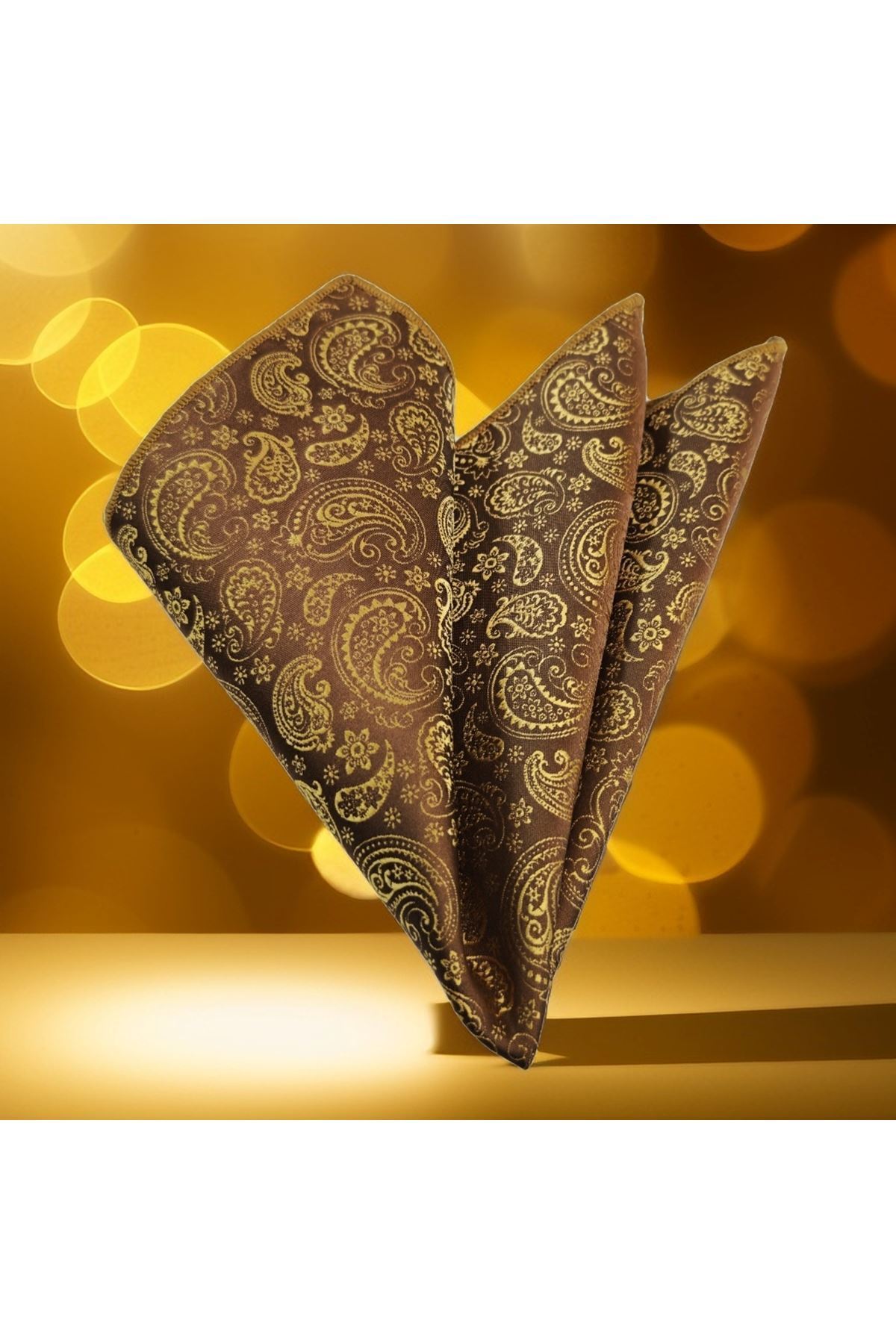Exve Exclusive Bakır üzeri üzeri Altın Şal Desenli Elegant Jakar Saten Cep Aksesuarı Yaka Mendili