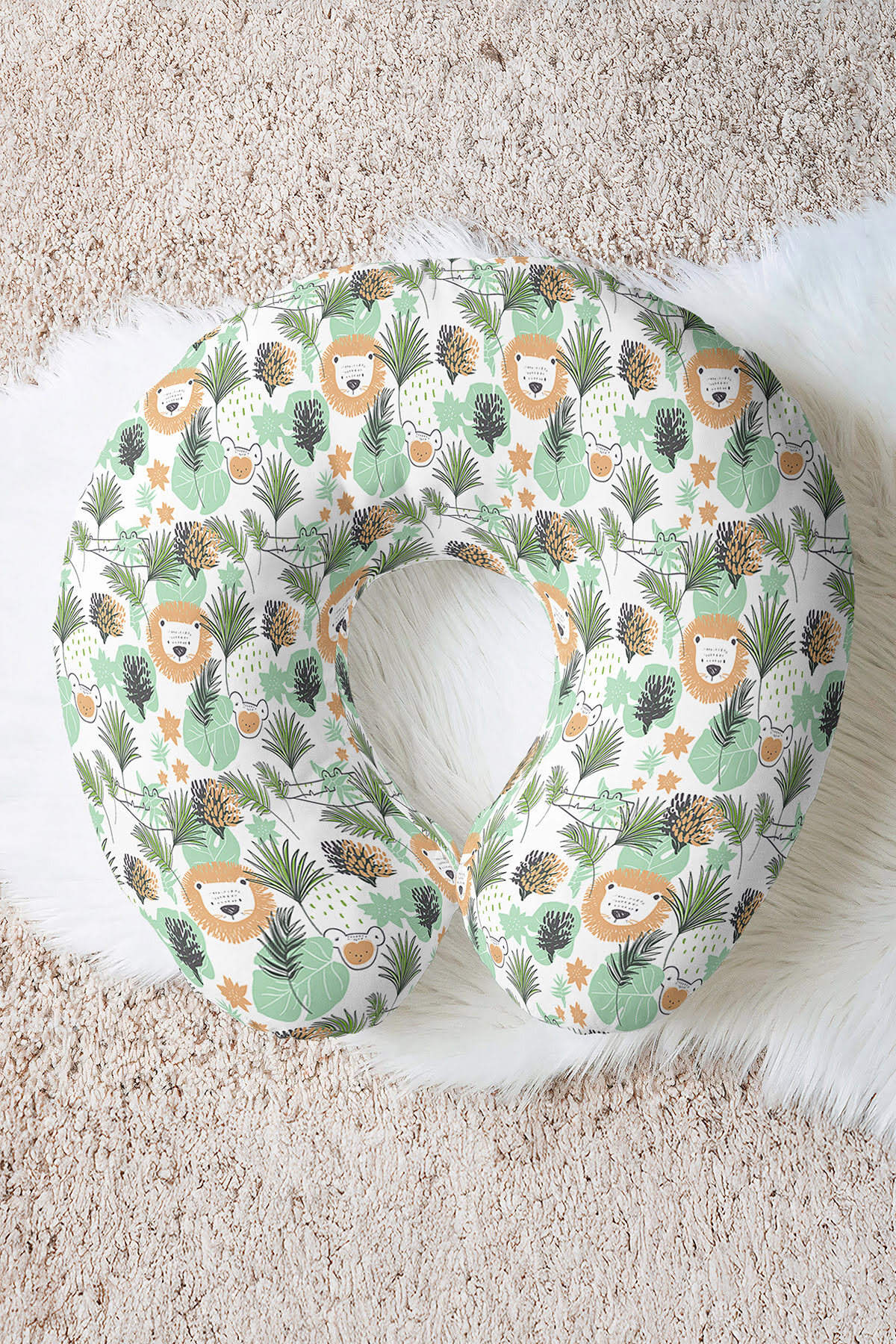 Cute Lion Forest Themed Ergonomic Neck Pillow - Kids & Adults Green Orange Travel Pillow