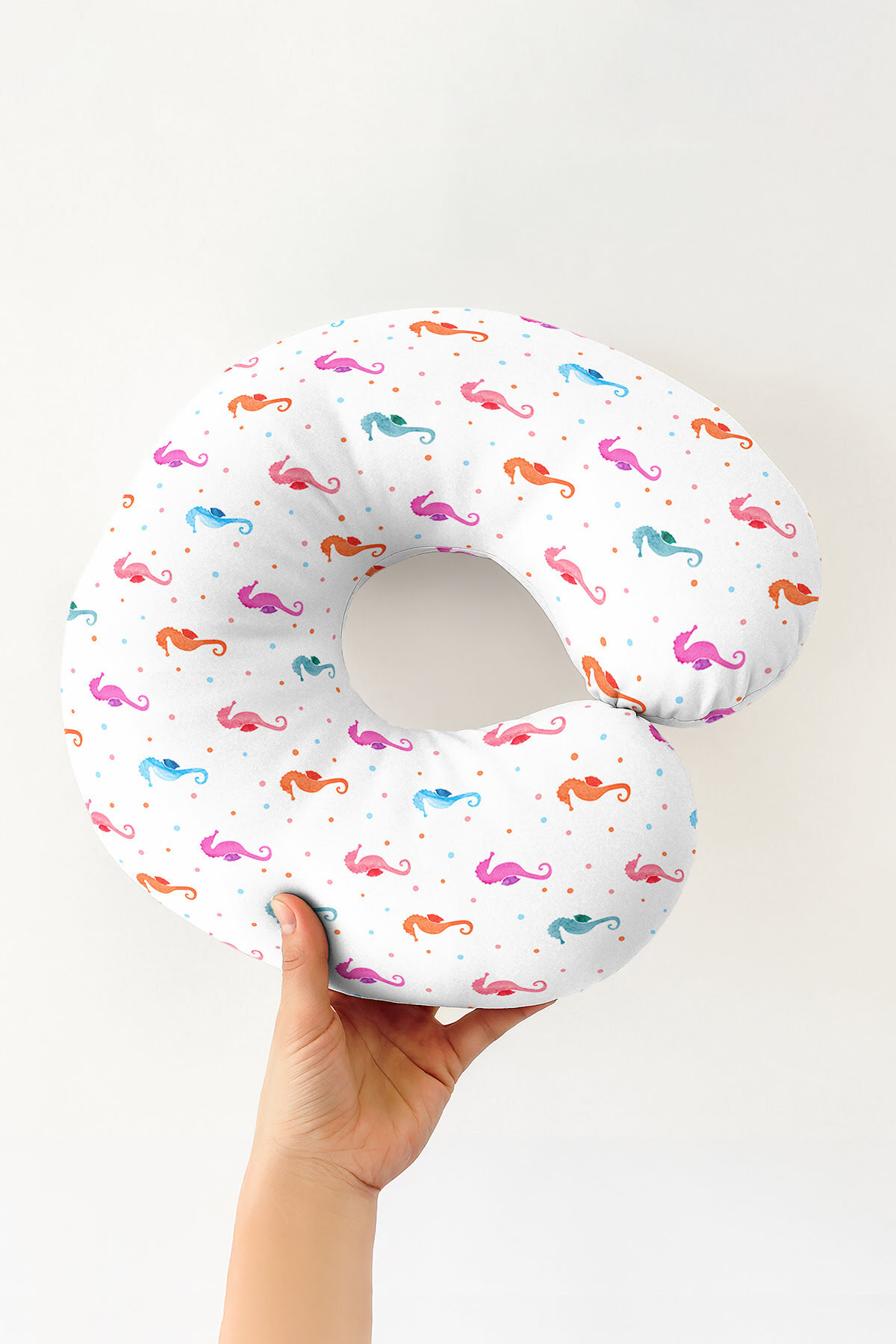Cotton Neck Pillow with Seahorse Pattern - Soft Orange Blue Travel Pillow with Colorful Dots