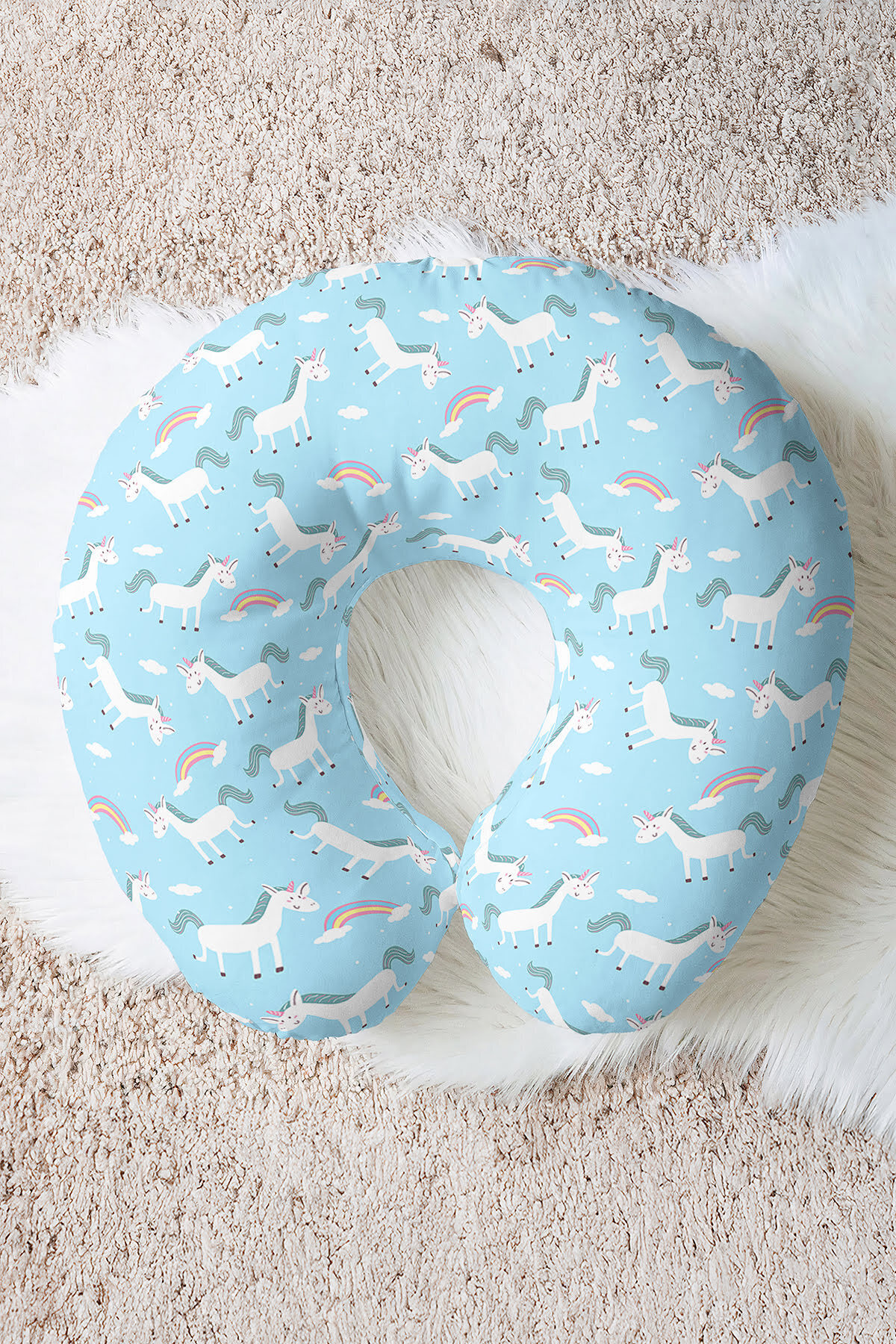 Unicorn Patterned Cotton Neck Pillow - Cute Light Blue Color Kids & Adults Travel Pillow