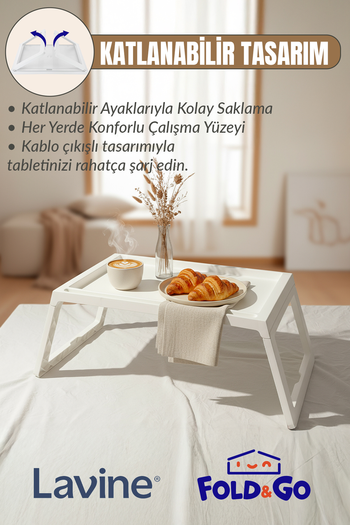 obido Lavine Fold&Go Katlanır Sehpa ”Beyaz” Tablet - Bilgisayar Sehpası Yatak Üstü Kahvaltı Masası