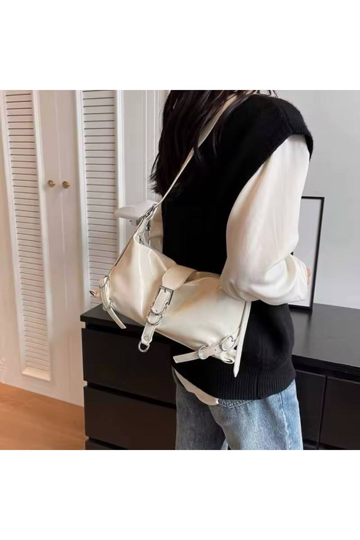 Krem Vintage Moda Kadın Omuz Ve Kol Çantası Ayarlanabilir Kemerli görünüm 2