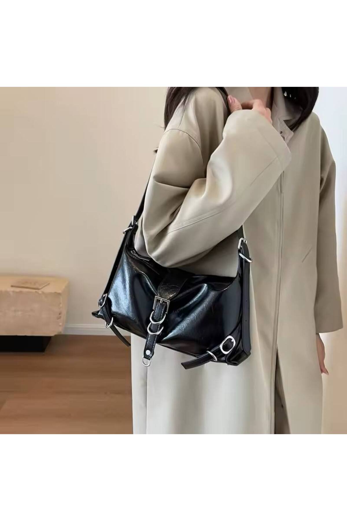 Siyah Vintage Moda Kadın Omuz Ve Kol Çantası Ayarlanabilir Kemerli görünüm 2