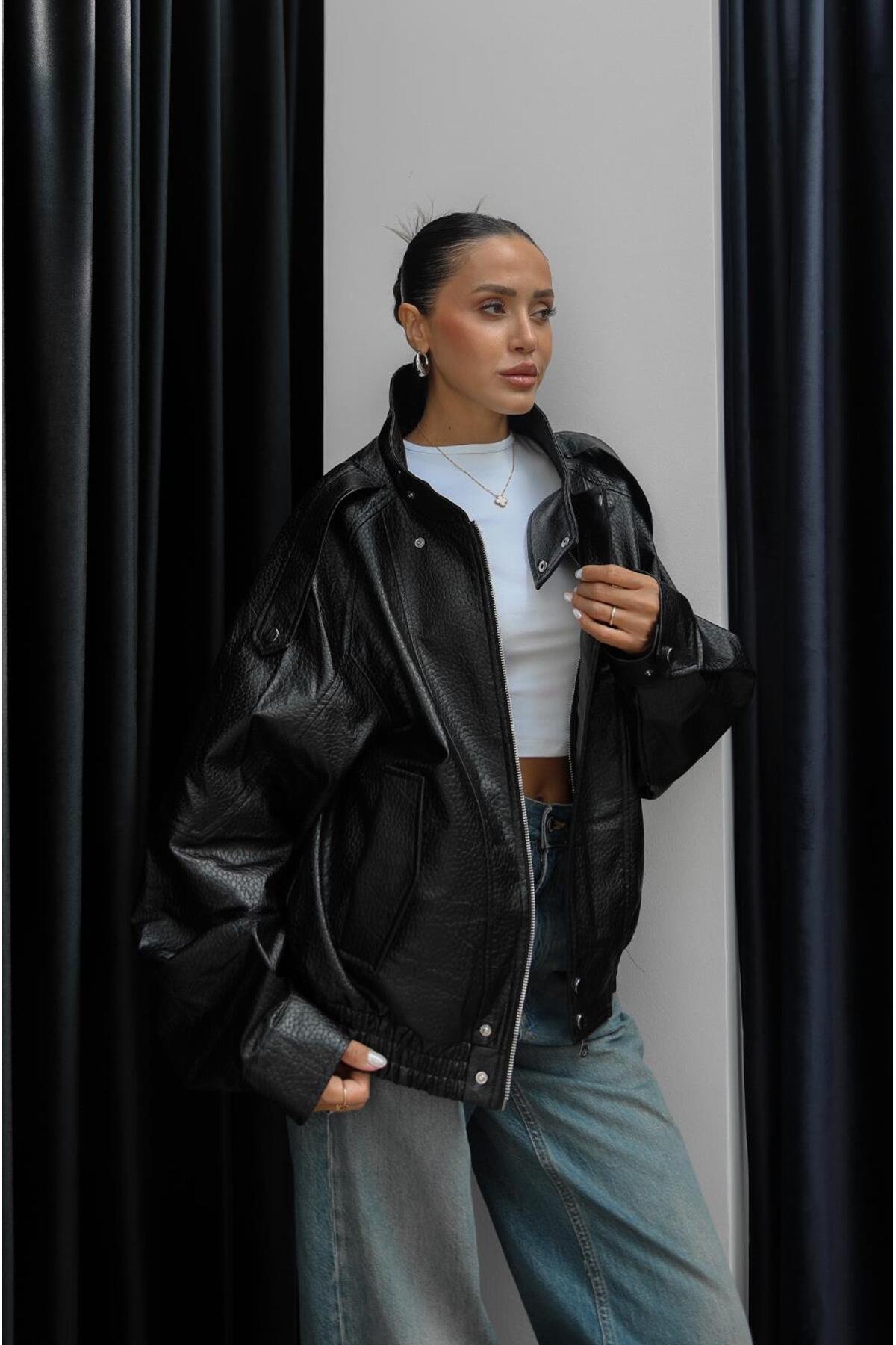 Havoş Black Stand Collar Faux Leather Jacket- Trendyol