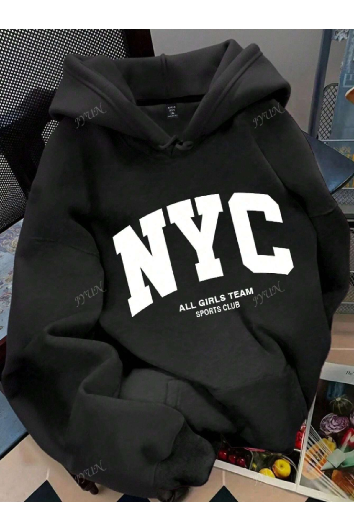 Unisex Y2k Erkek/Kadın NYC Baskılı Kapüşonlu Pamuklu Sweatshirt hoodie — مشکی Nycs sweats