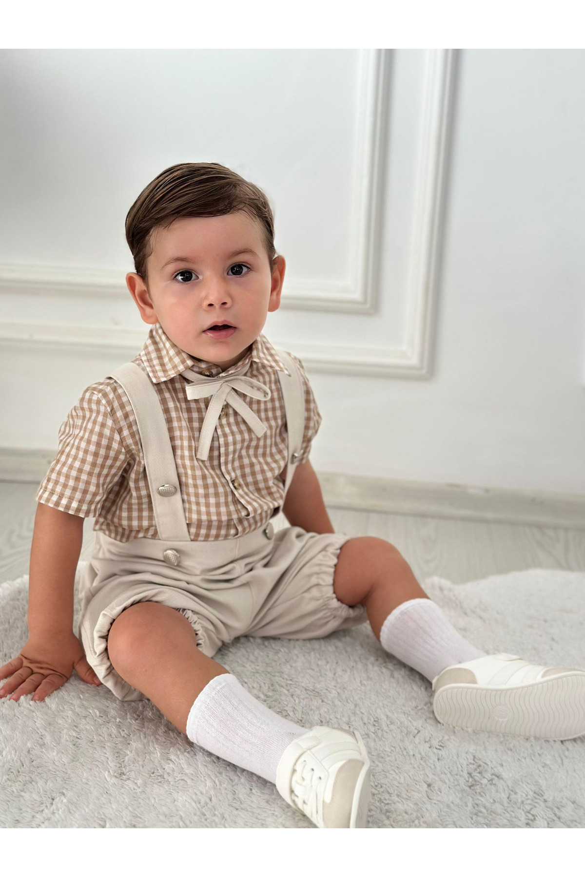 New Short Beige Baby Boy Shirt Dungaree Set