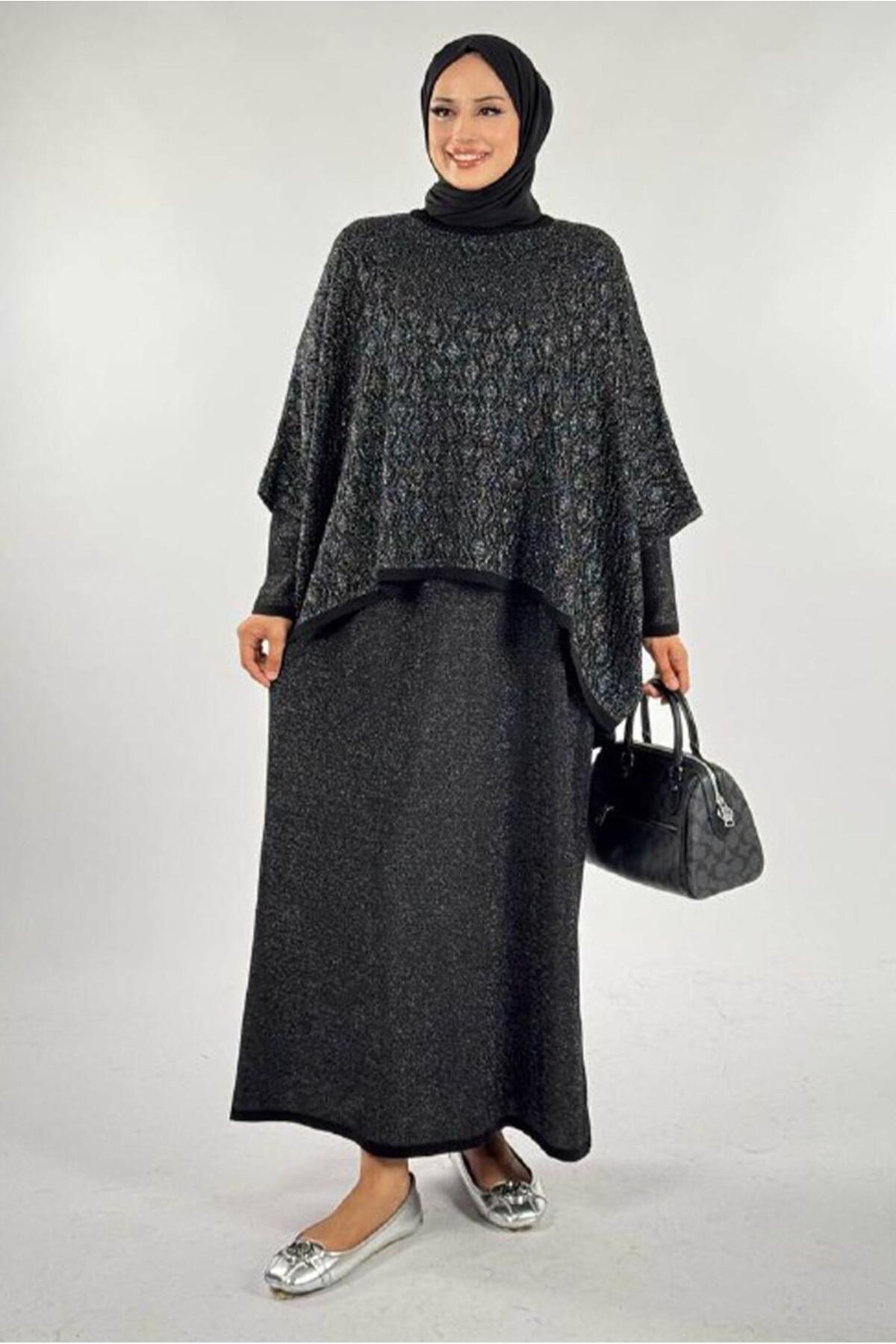 پانچو طرح‌دار مشکی زنانه T 52381 TRENDTESETTÜR