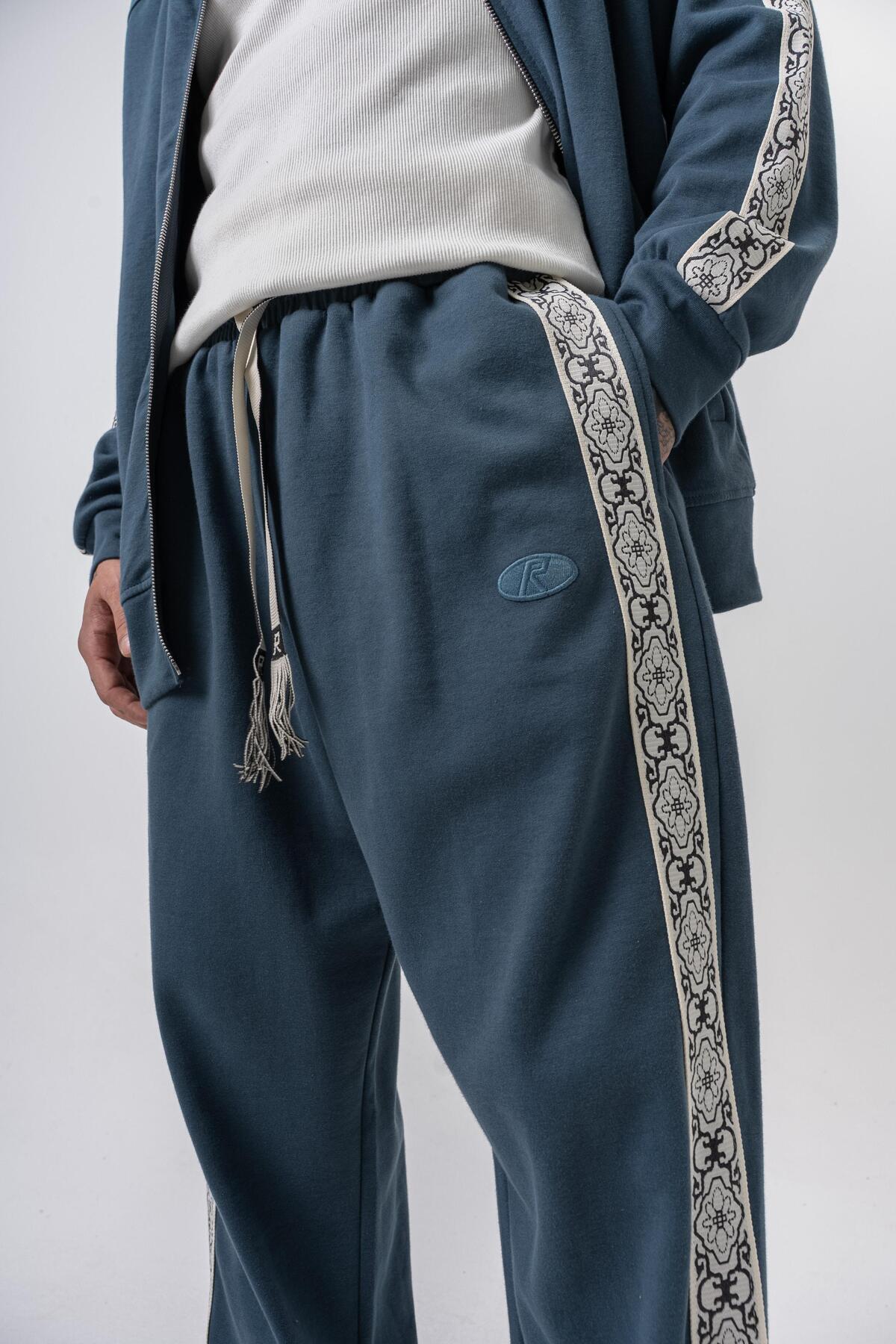 Respire  Erkek Damask Şerit Detaylı Kışlık Doubleface Baggy Eşofman Altı Petrol - Görsel 6