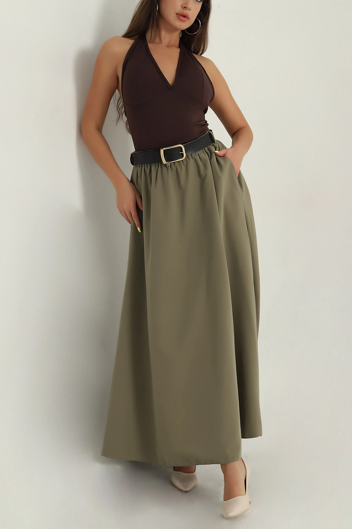 VıoShıne  Kadın Kemerli Beli Lastikli Cepli Liza Kumaş Etek - Görsel 3