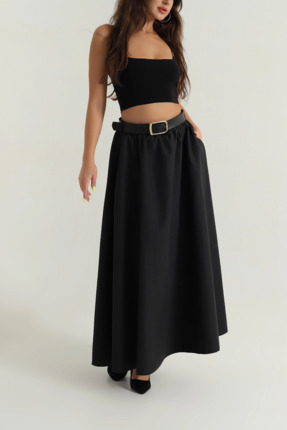 VıoShıne Kadın Kemerli Beli Lastikli Cepli Liza Kumaş Etek