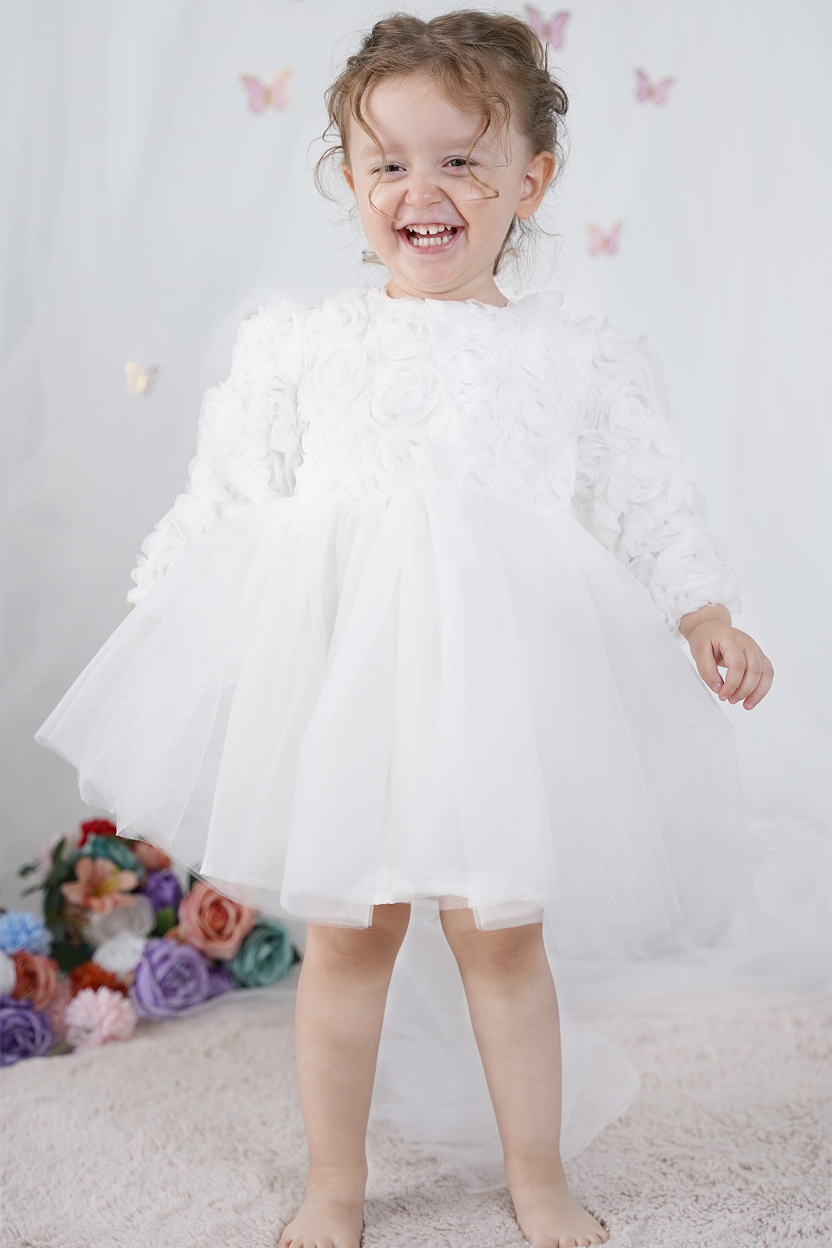 ALYRA Kız Bebek Elbise Uzun Kollu Fiyonklu Güllü Doğum Günü Parti Düğün Özel Gün Abiye Kız Çocuk Elbise fotoğrafı 5 (önizleme)