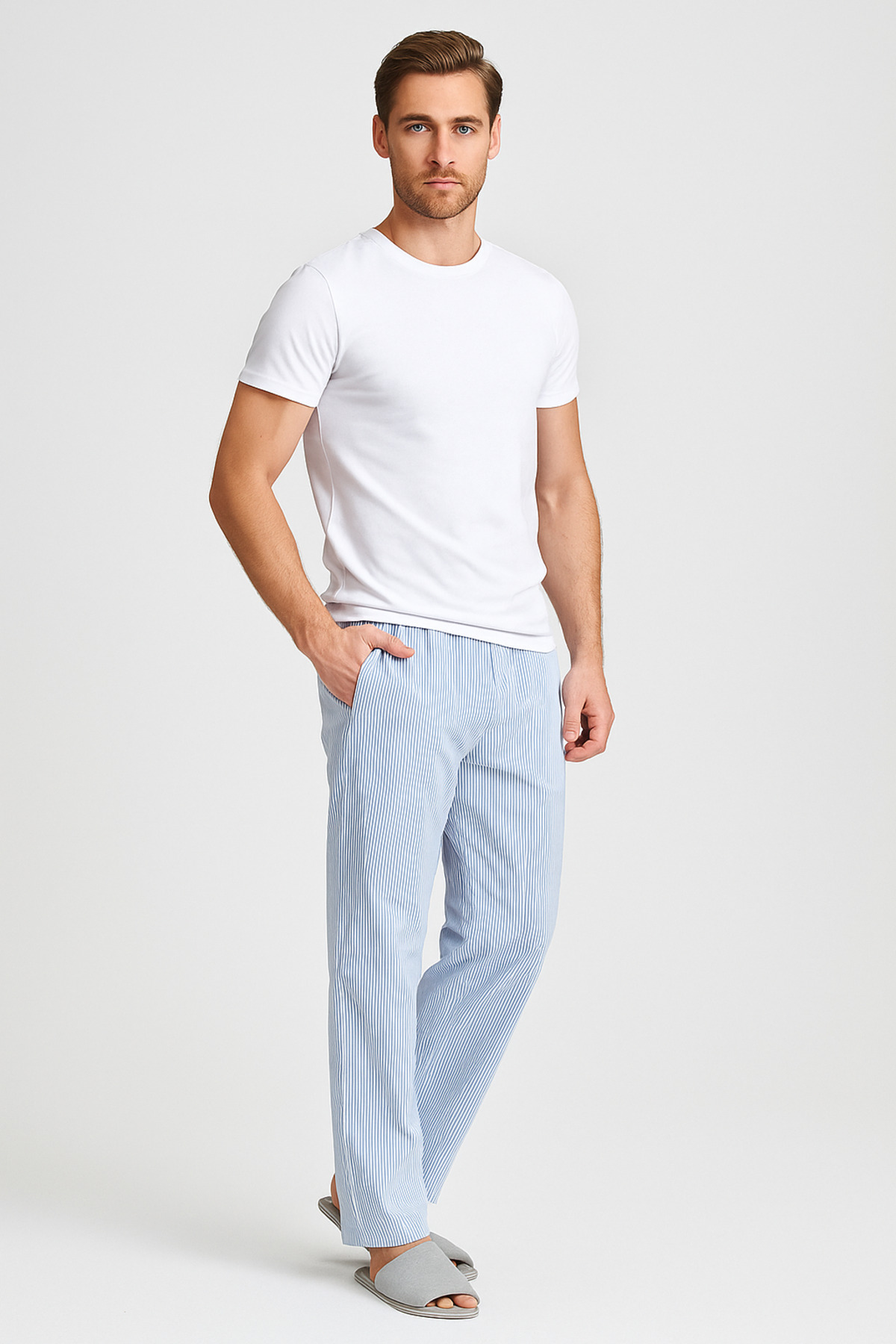 Rich Erkek Mavi Çizgili %100 Pamuk Çantalı Pijama Takımı görsel 4