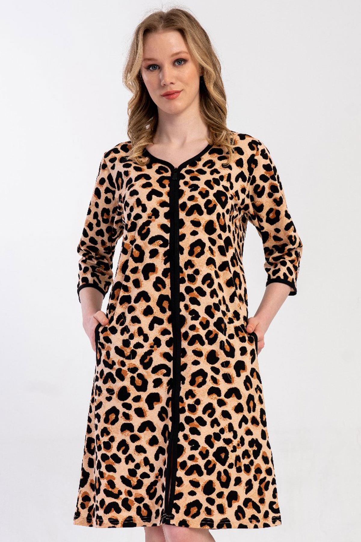 VİENETTA Kadın Büyük Beden Kapri Kollu Leopar Desenli Fermuarlı Ev Elbisesi C1T0N3305