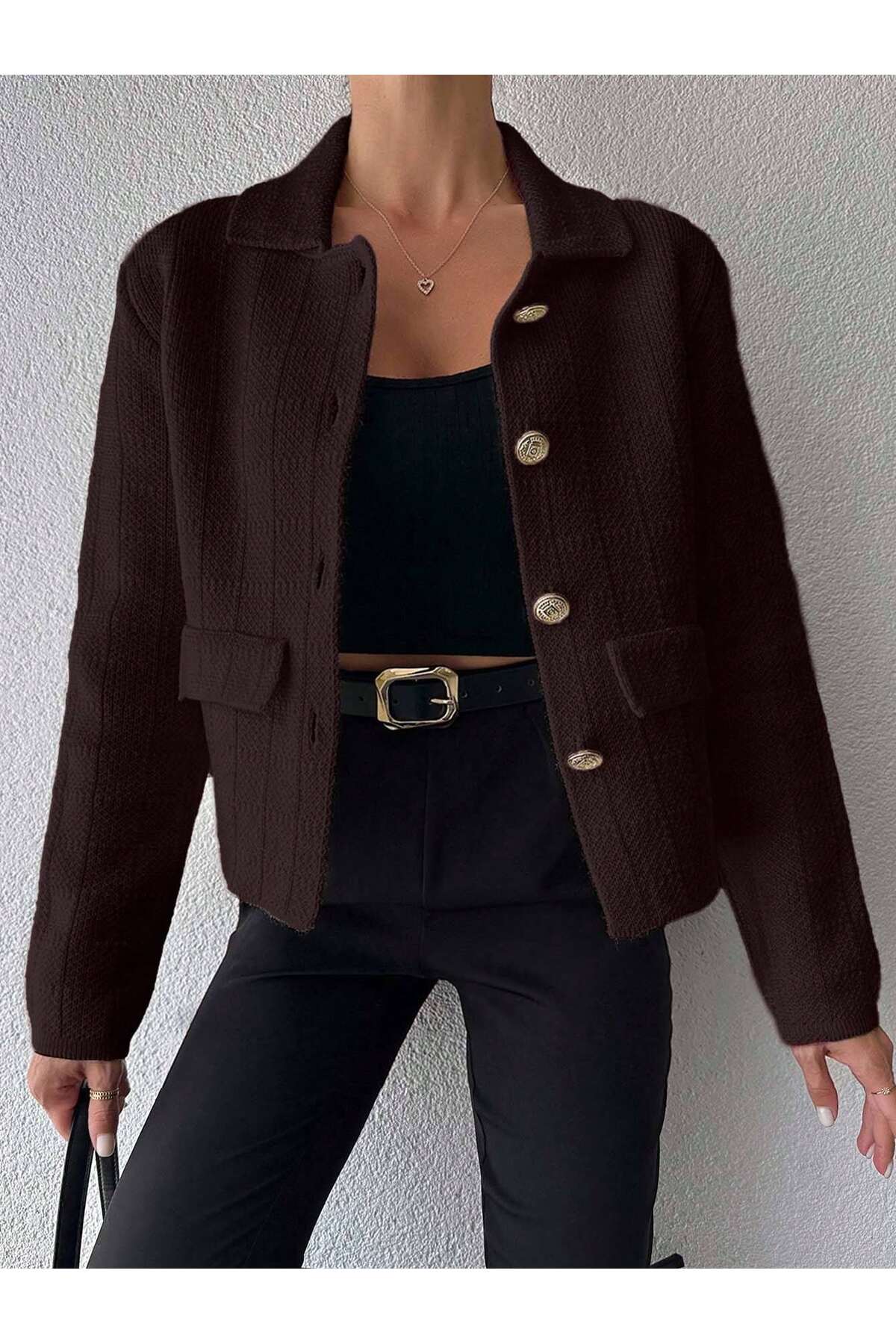 Puella  HRK0009 Kadın Kahverengi Ceket Yaka Ekoseli Gold Düğmeli Tüvit-Ceket Triko Hırka - Görsel 5