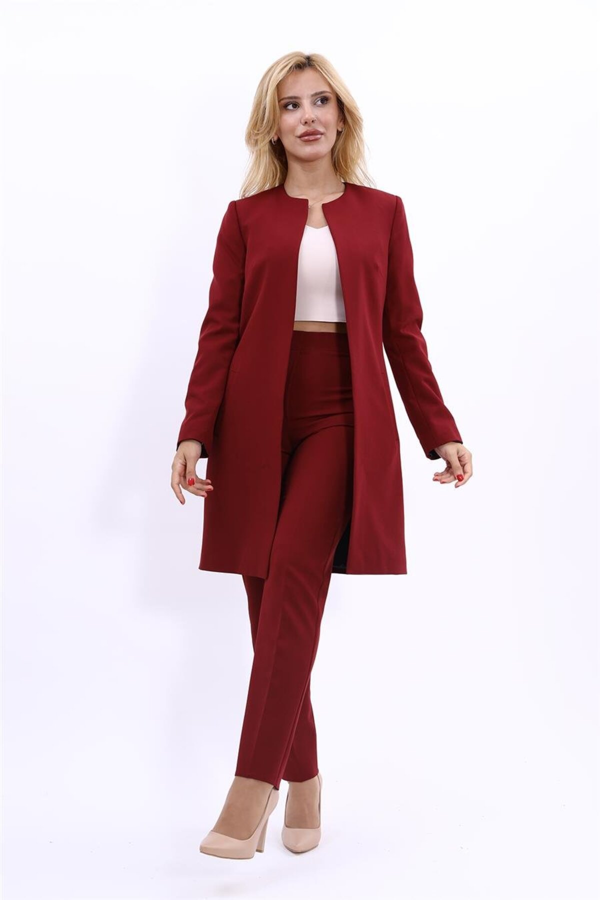Plain Long Jacket with Crew Neck & Slim Fit Trousers-Burgundy