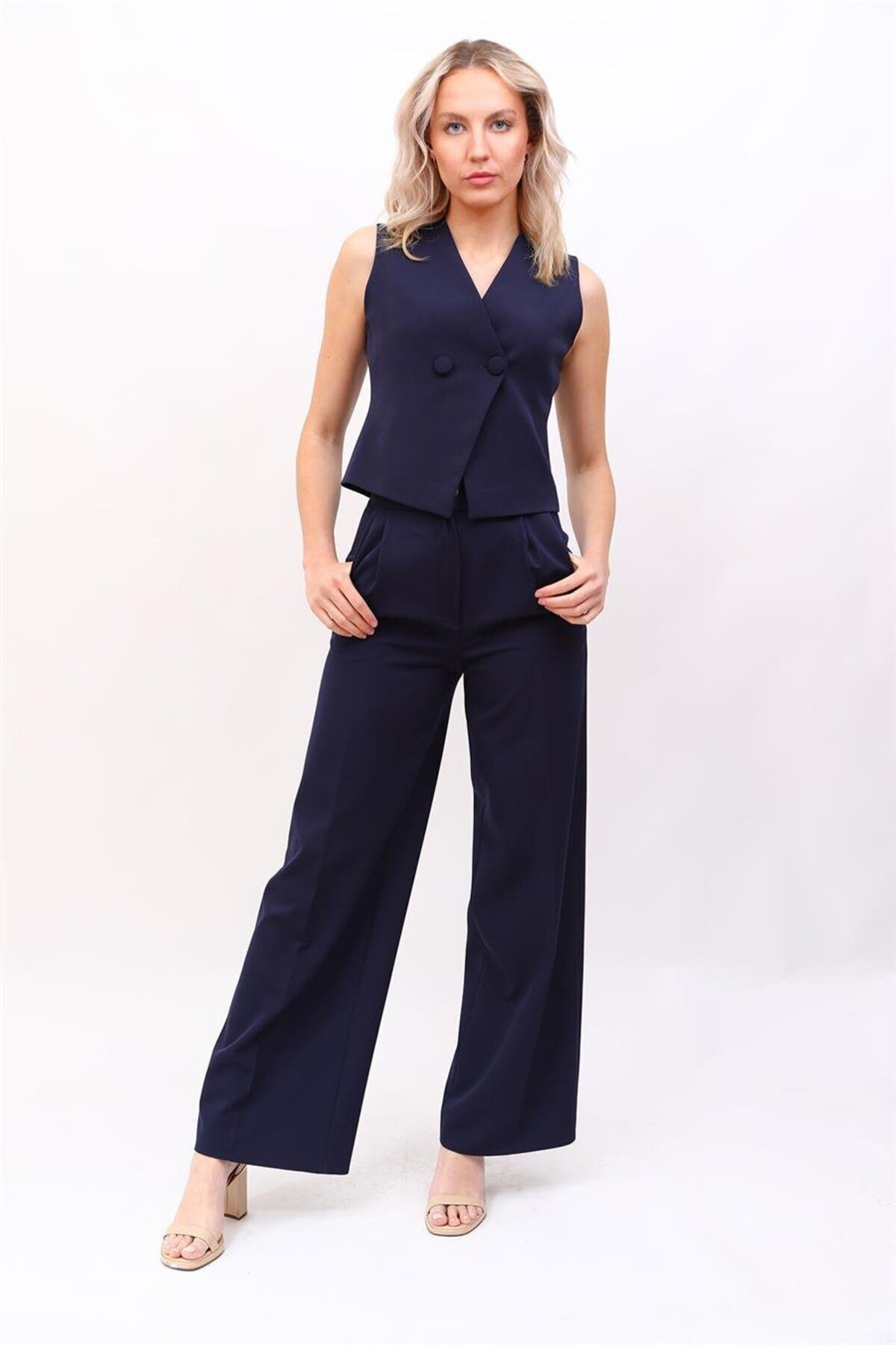 Wrap Cross Vest & High Waist Wide Leg Pants-Navy