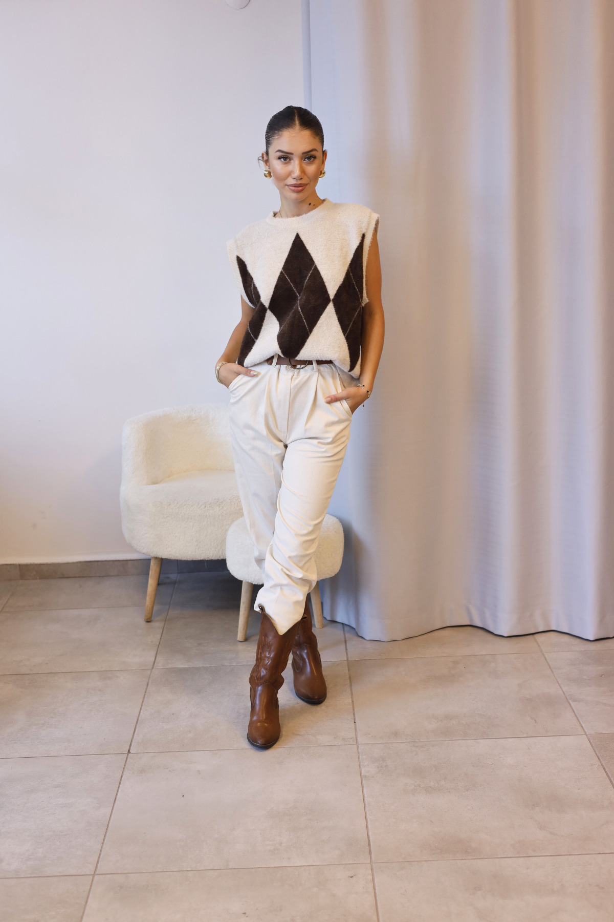 Elzem Boutique Krem Kahverengi Baklava Desen Sakallı Triko Süveter