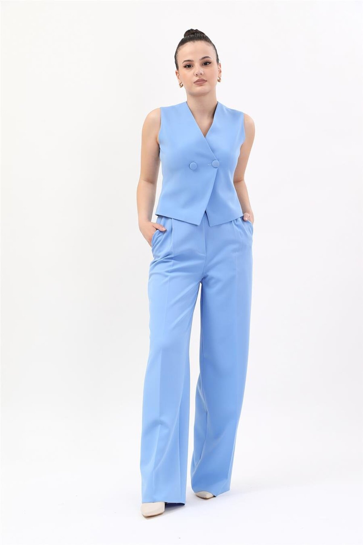 Wrap Cross Vest & High Waist Wide Leg Pants-Sky