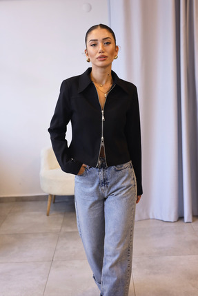 Elzem Boutique Siyah Vatkalı Fermuarlı Ceket