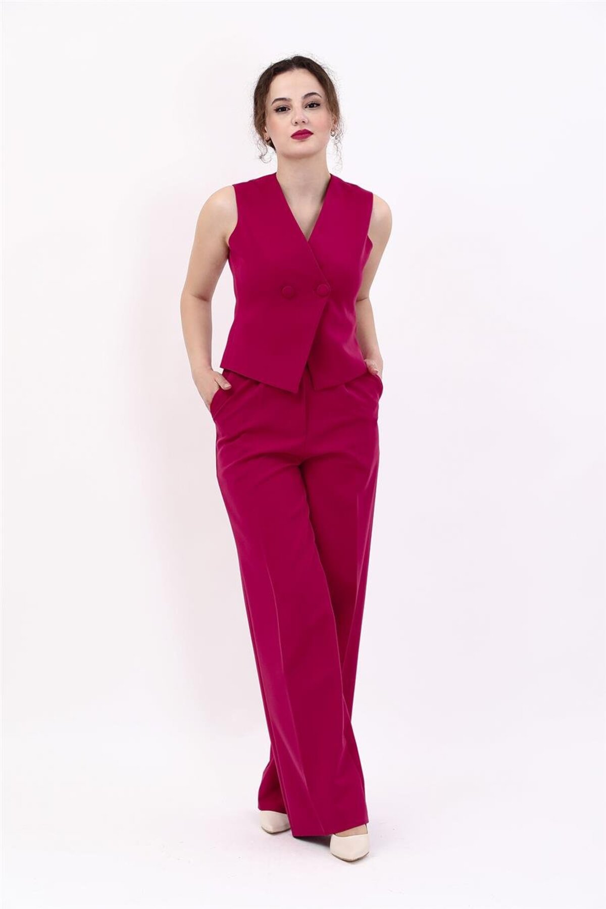 Wrap Cross Vest & High Waist Wide Leg Trousers-Burgundy