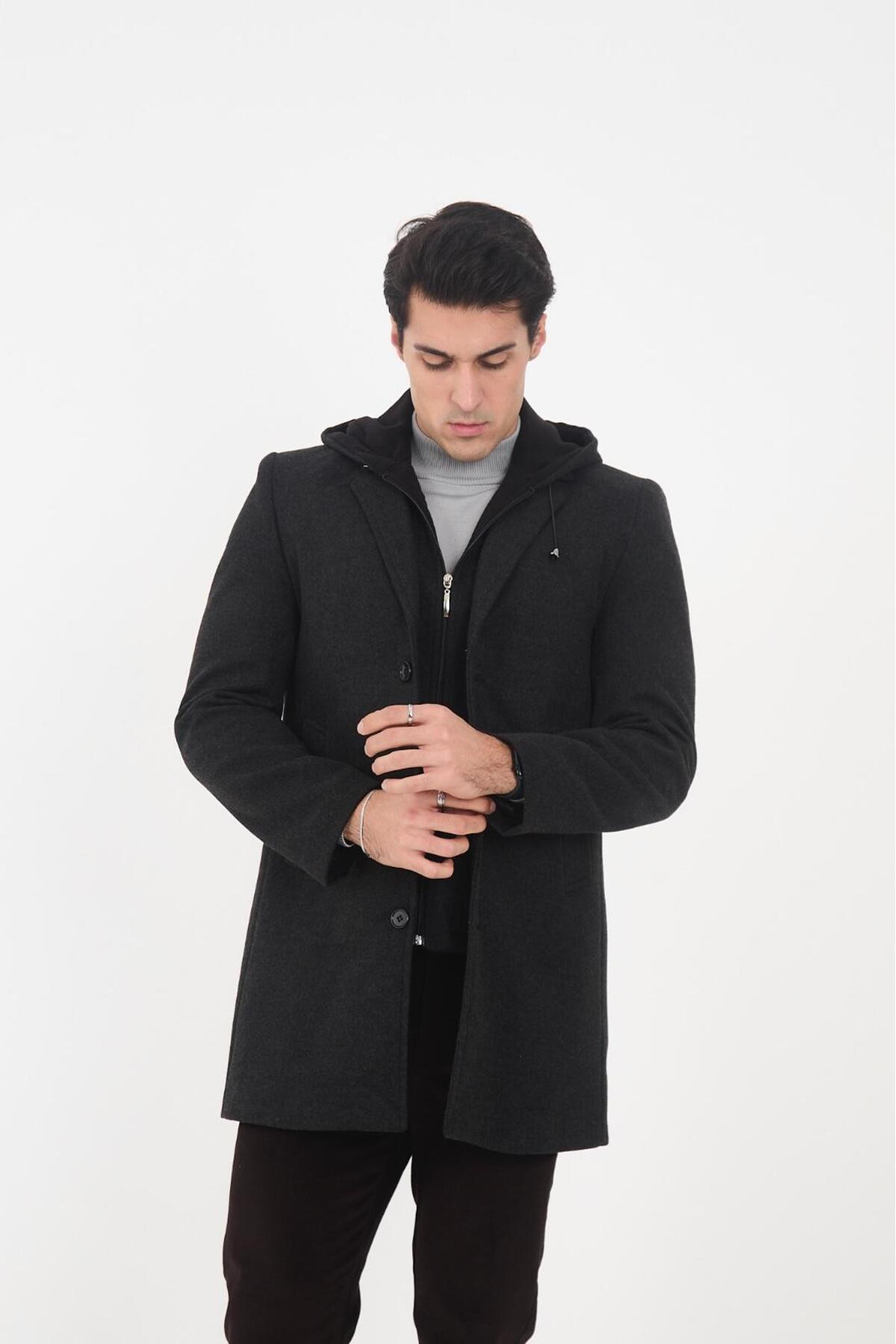 l lebs collection moda lebs şekil Erkek Regular kapüşonlu Kaşe Kaban görsel 3