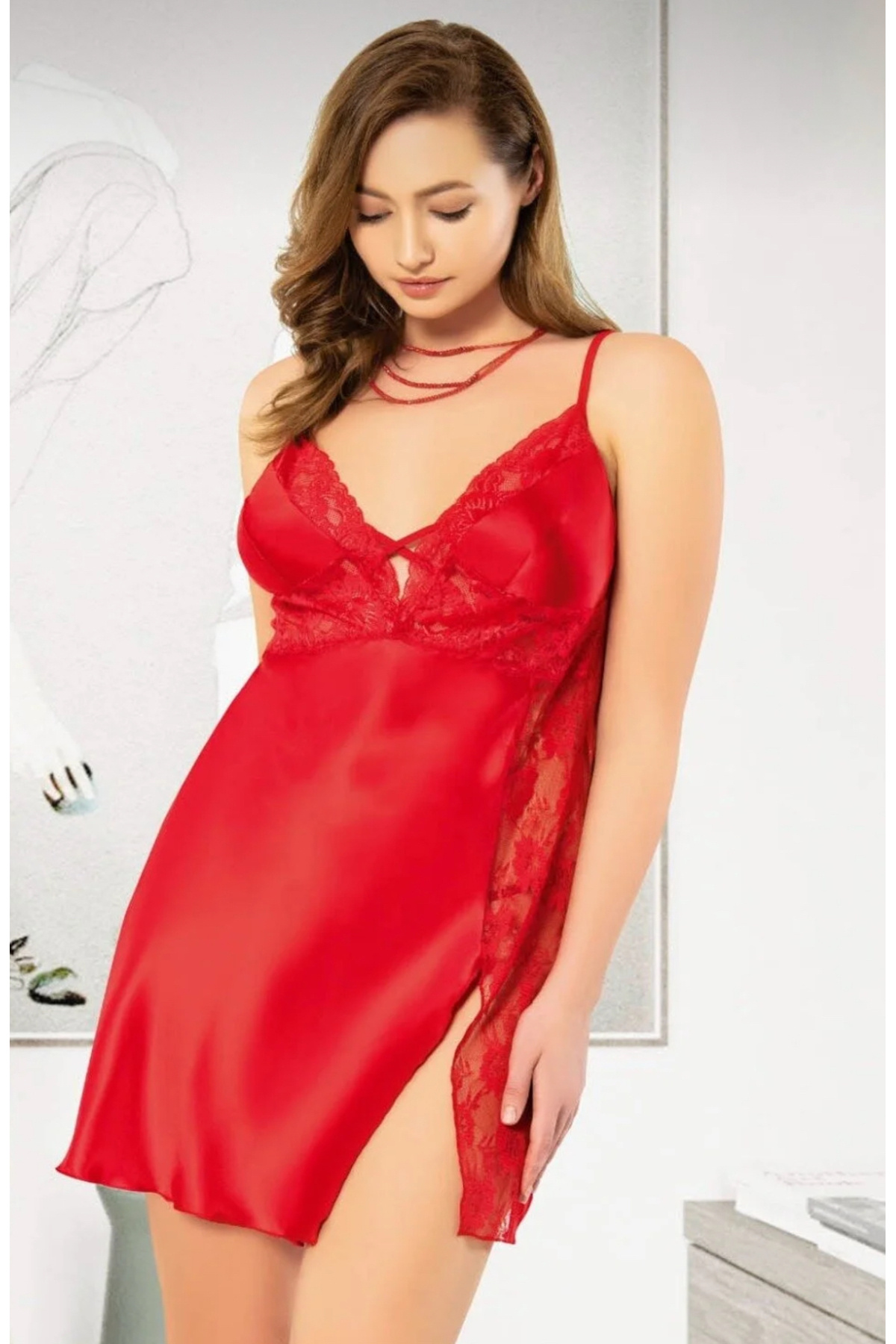 Genel Markalar Büyük Beden Kadın Kırmızı Dantelli Ithal Saten Gecelik