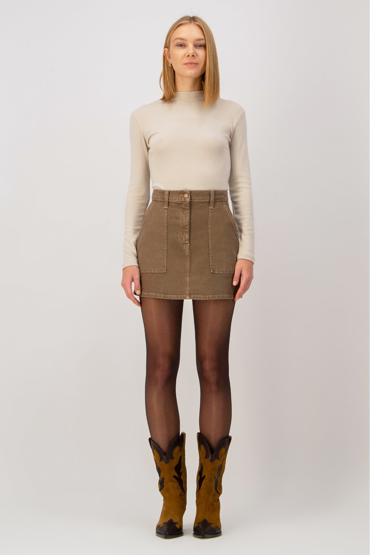 Denim Trip  Slim Fit Mini Boy Kahverengi Etek - Görsel 4