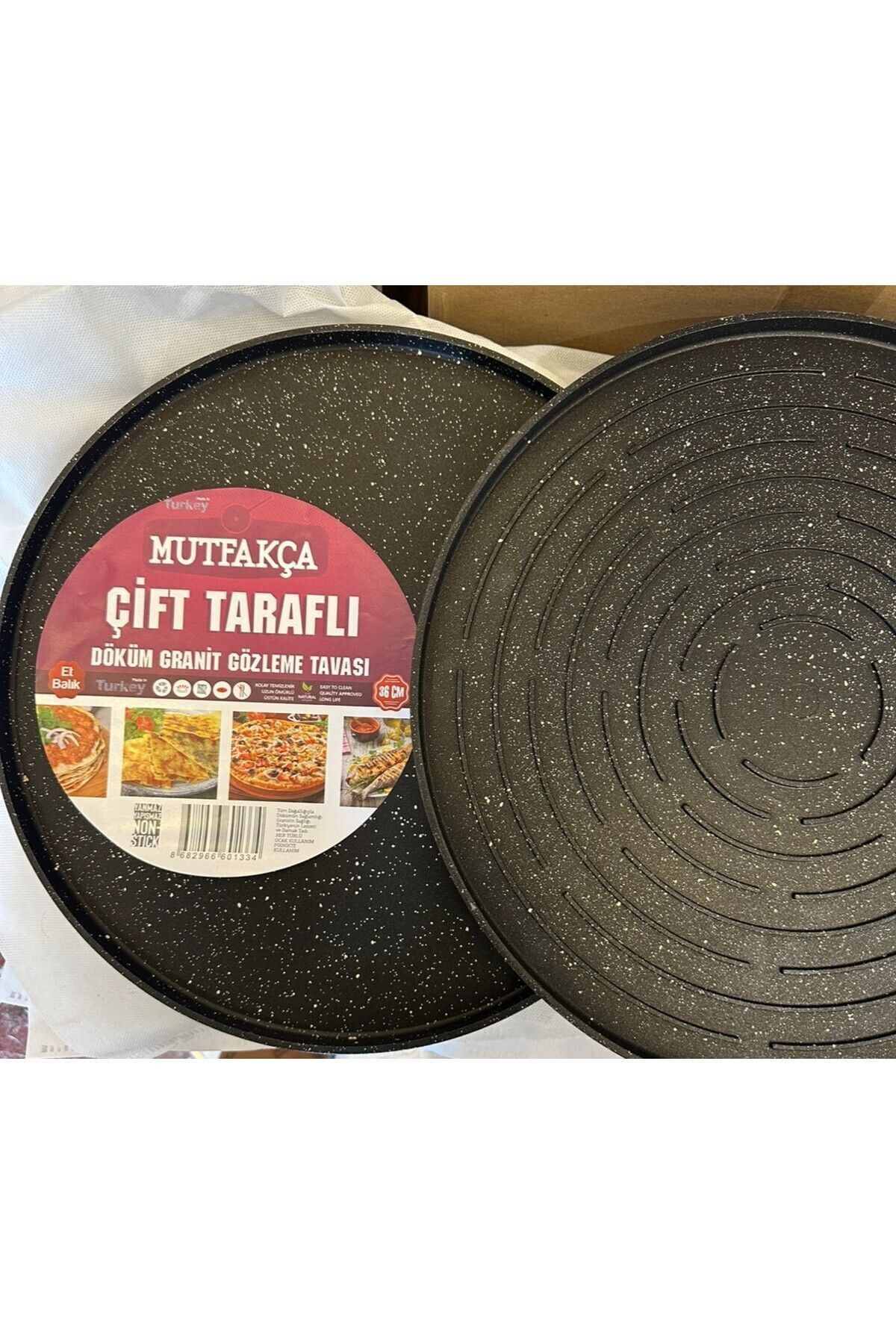 Empressco 36 cm çift taraflı döküm granit tava, et ve balık için