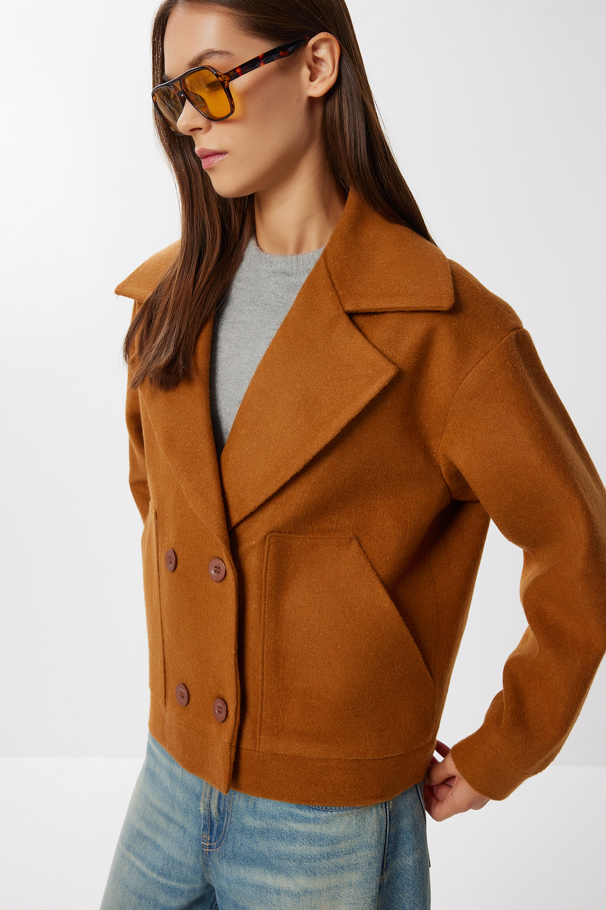 Lovelyİstanbul  Kruvaze Kısa Kaşe Kaban LDW0008 TABA - Görsel 2