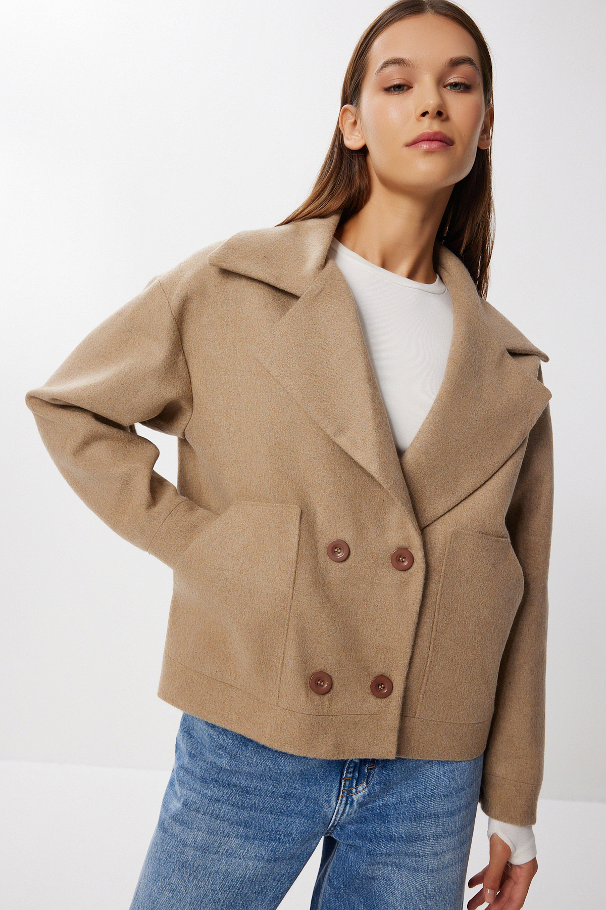 Lovelyİstanbul  Kruvaze Kısa Kaşe Kaban LDW0008 BEJ - Görsel 2