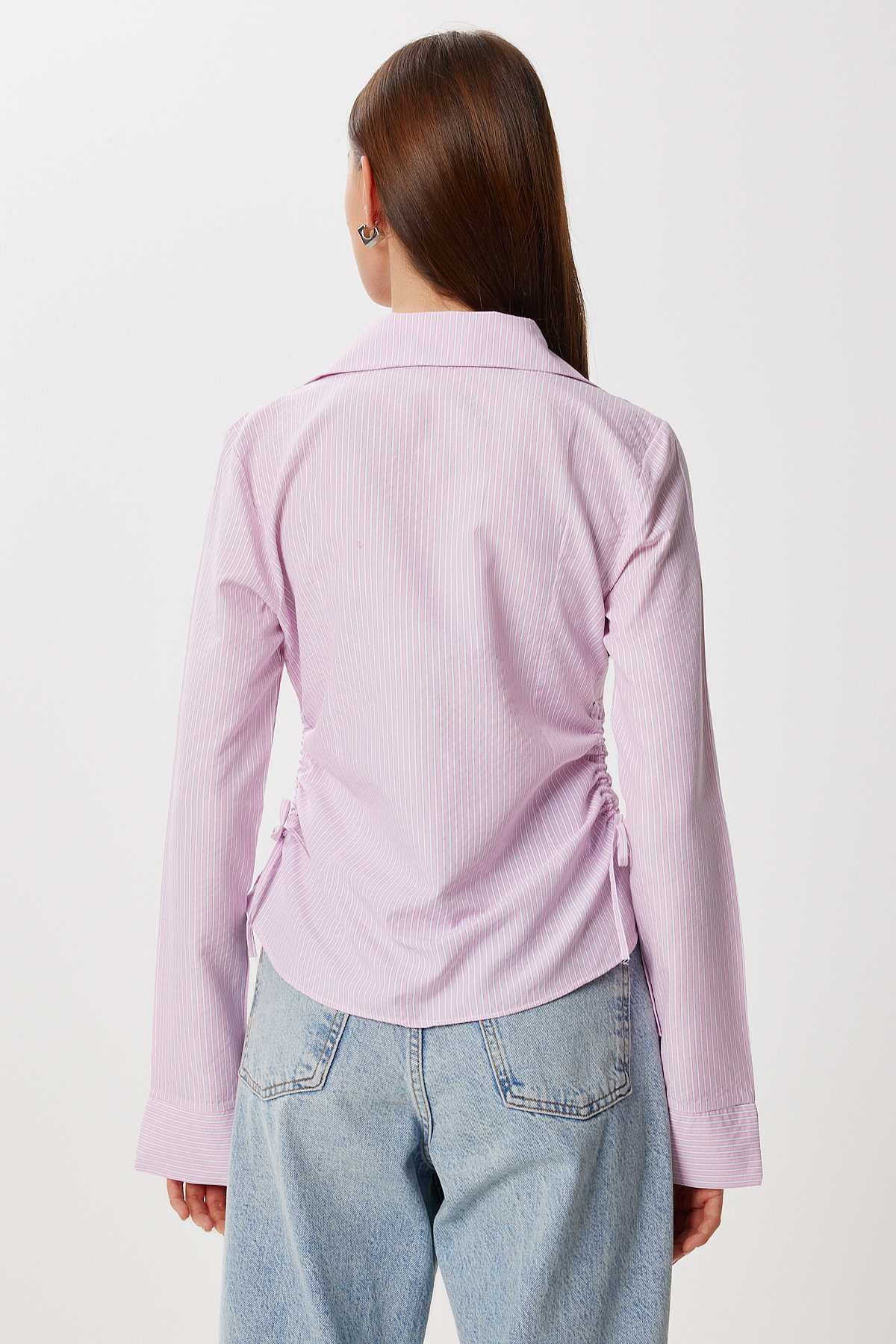 Lovelyİstanbul  Yan Büzgülü Çizgili Dokuma Gömlek LDZ0053 PEMBE BEYAZ - Görsel 6