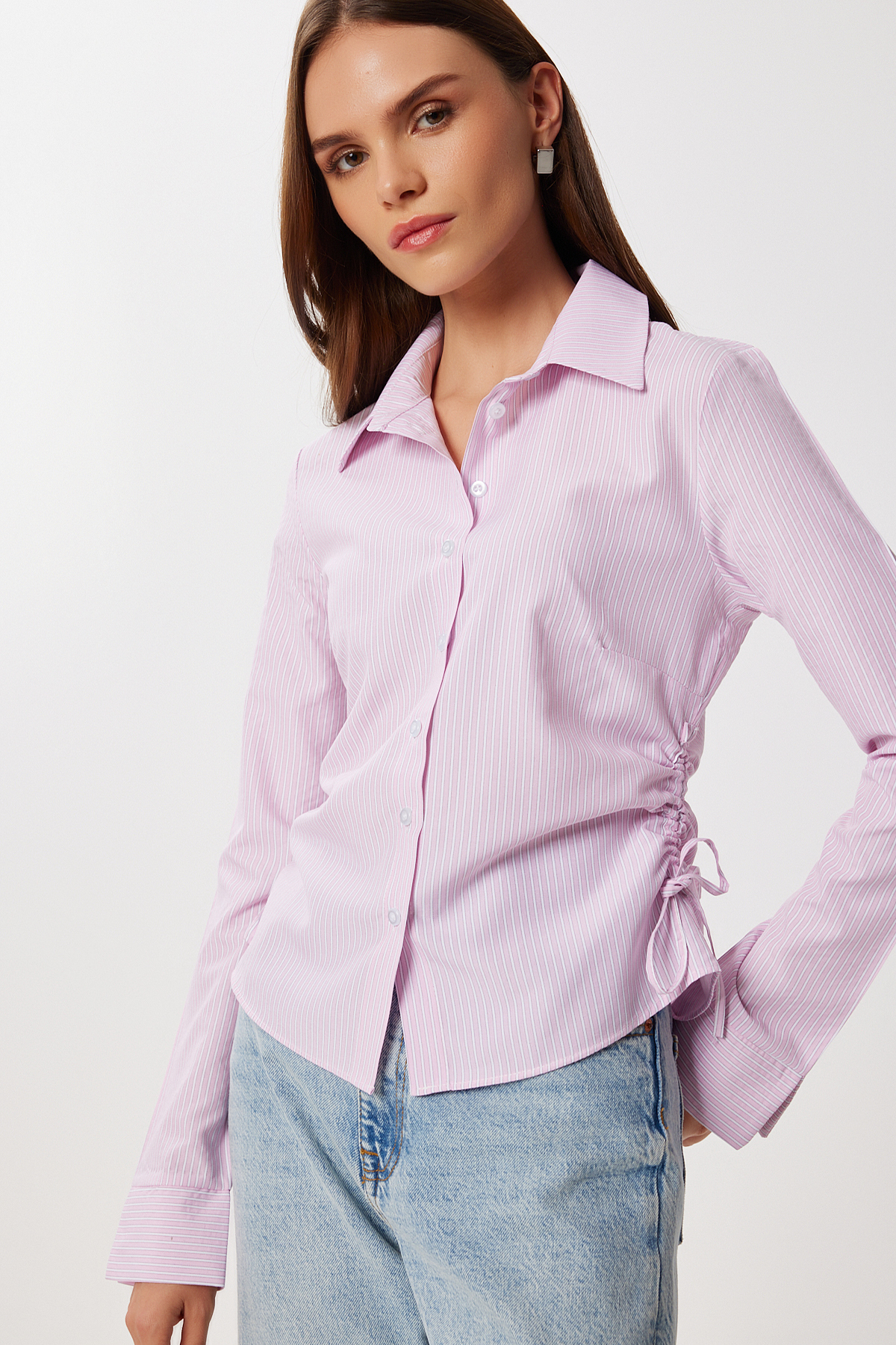 Lovelyİstanbul  Yan Büzgülü Çizgili Dokuma Gömlek LDZ0053 PEMBE BEYAZ - Görsel 2