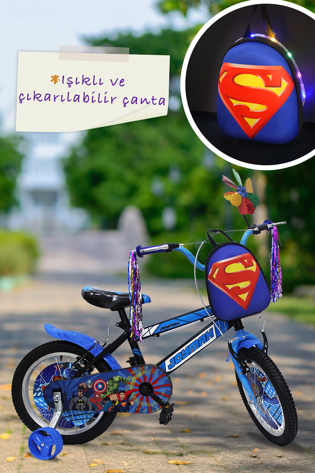 Joymax Süper kahramanlı Erkek Çocuk Bisikleti 16 jant Mavi - Led Işıklı Superman Figürlü Çantalı, Püsküllü