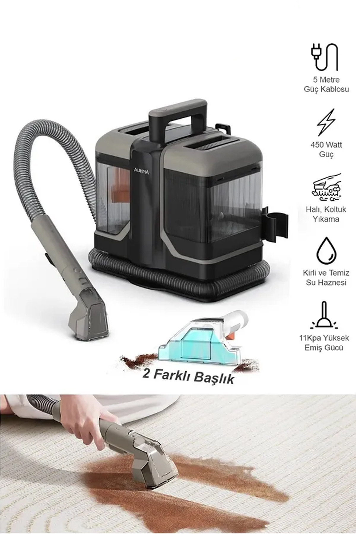 woodhub Çift Hazneli 450W Halı ve Koltuk Temizleme Makinesi, Araç İçi Yıkama ve Leke Çıkarıcı