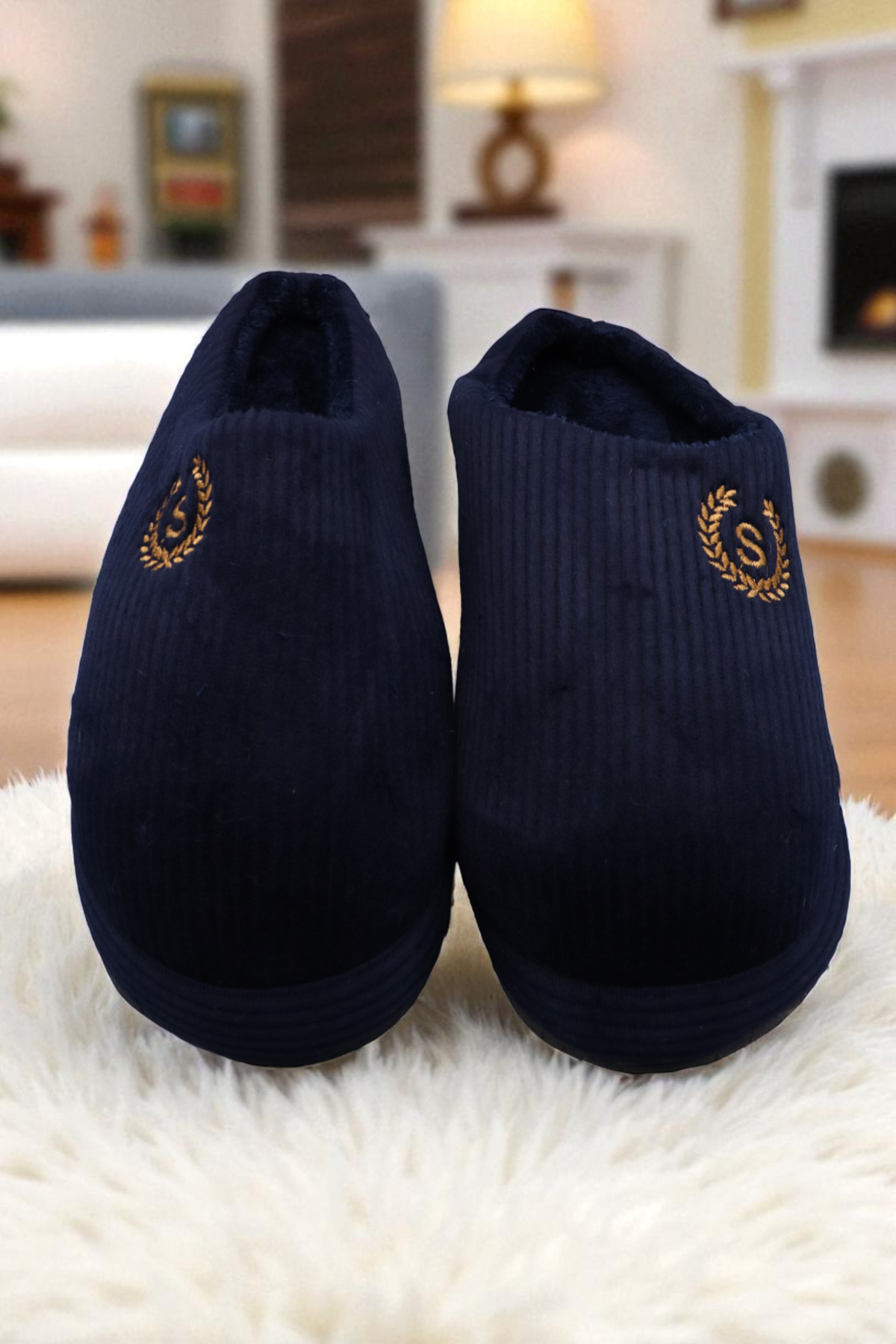 HFKY Unisex Nakışlı Kadife Fitilli Desen Rahat Yumuşak Tabanlı İçi Kürklü Ev Terliği. Terlik görsel 2