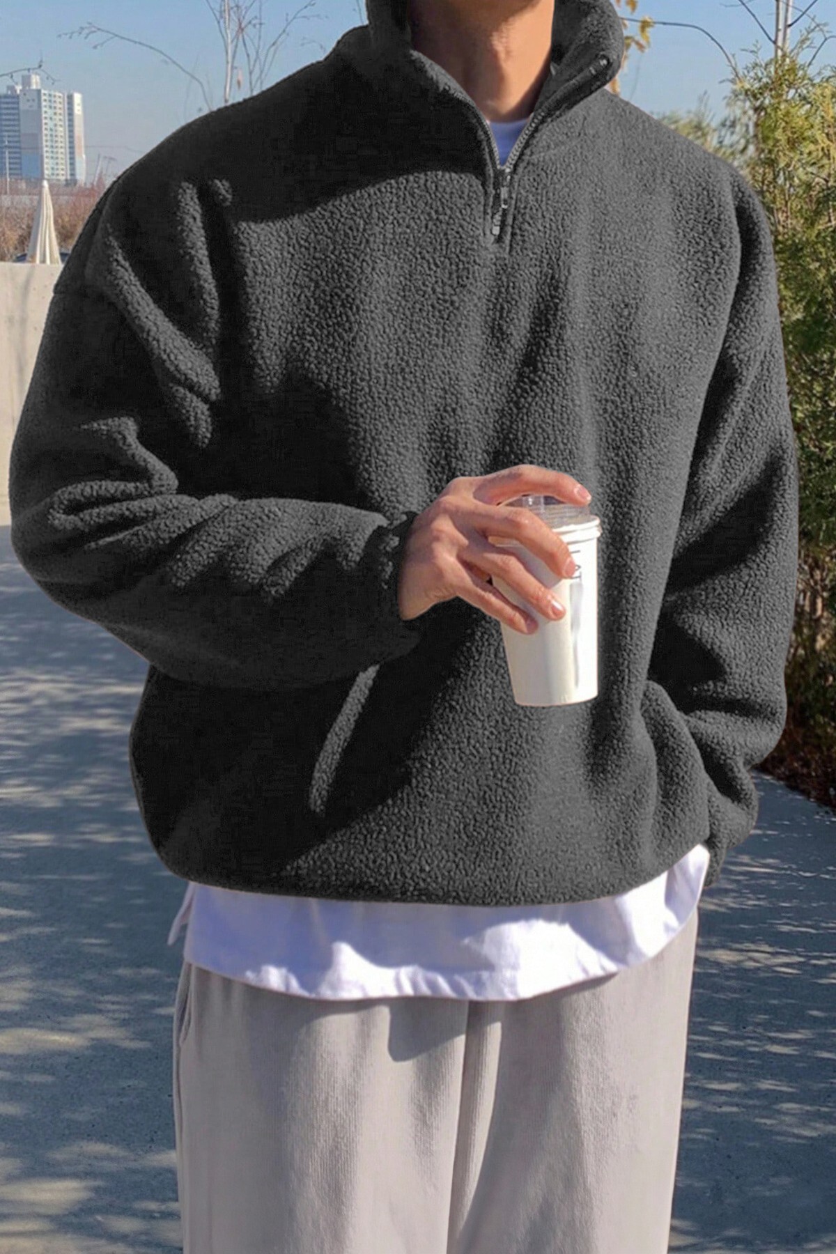 Ghassy Co  Erkek Ultra Isı Peluş Sherpa Oversize Yarım Metal Fermuar Lastik Ayarlı Polar Sweatshirt - Görsel 5