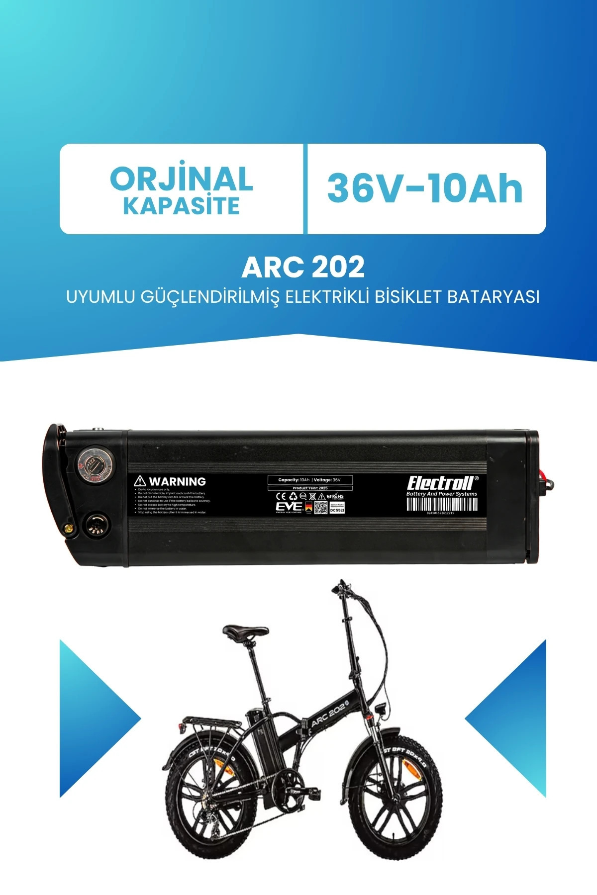 ELECTROLL Arc 202 Uyumlu 36V 10Ah Güçlendirilmiş Elektrikli Bisiklet Bataryası