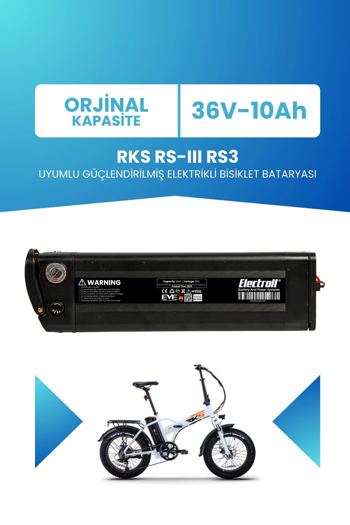 ELECTROLL RKS RS-III RS3 Uyumlu 36v 10Ah Güçlendirilmiş Elektrikli Bisiklet Bataryası