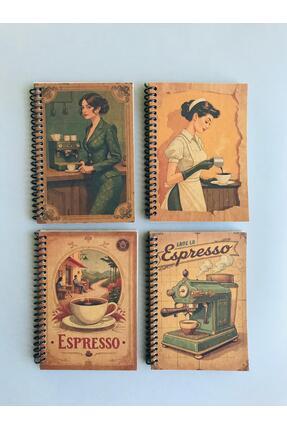 Pridas Espresso Temalı Vintage Çizgisiz 4lü A6 Kraft Defter Seti