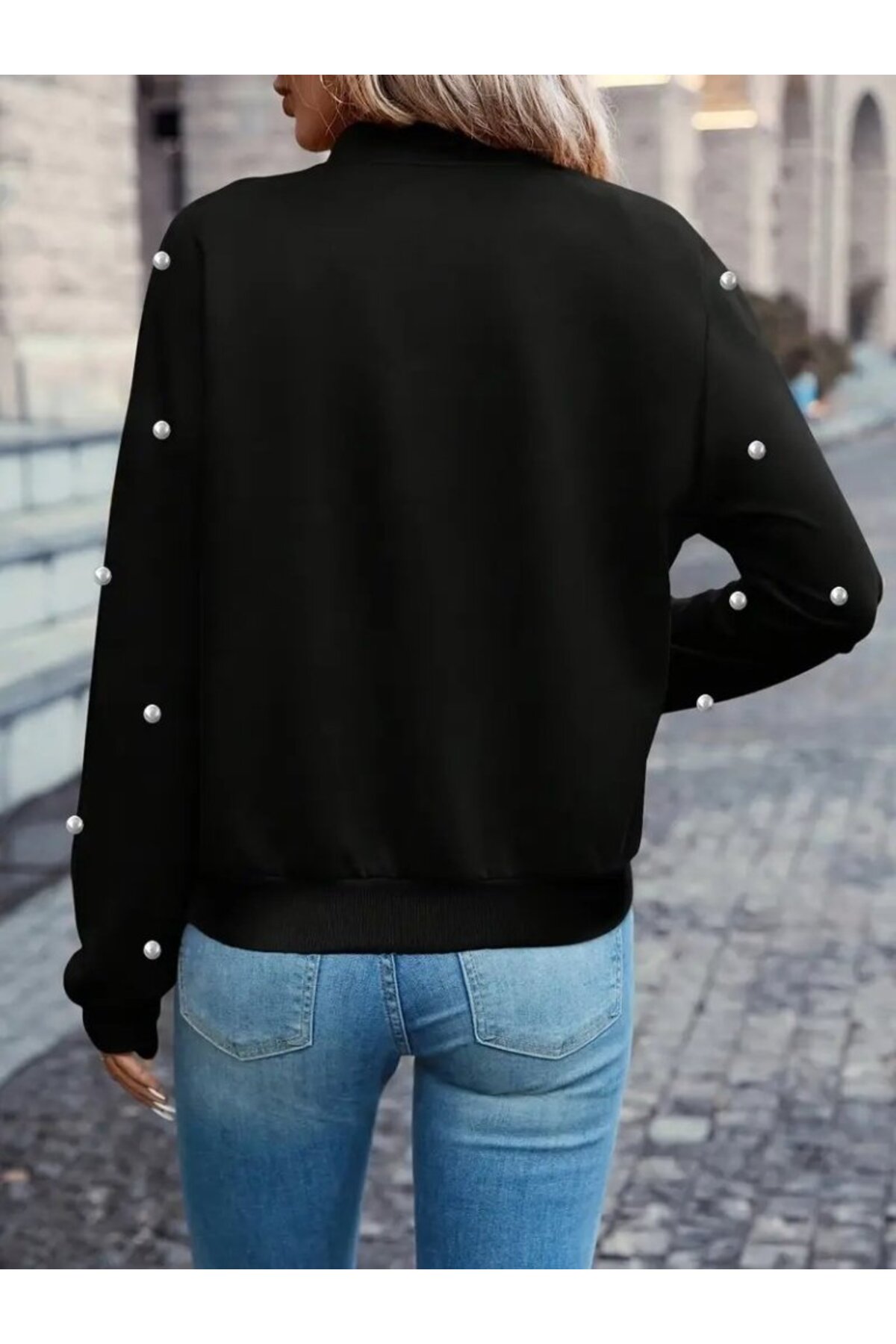 Veyodo  Kadın Uzun Kollu önden Fermuarlı Incili Kısa Modal Ceket - Görsel 4