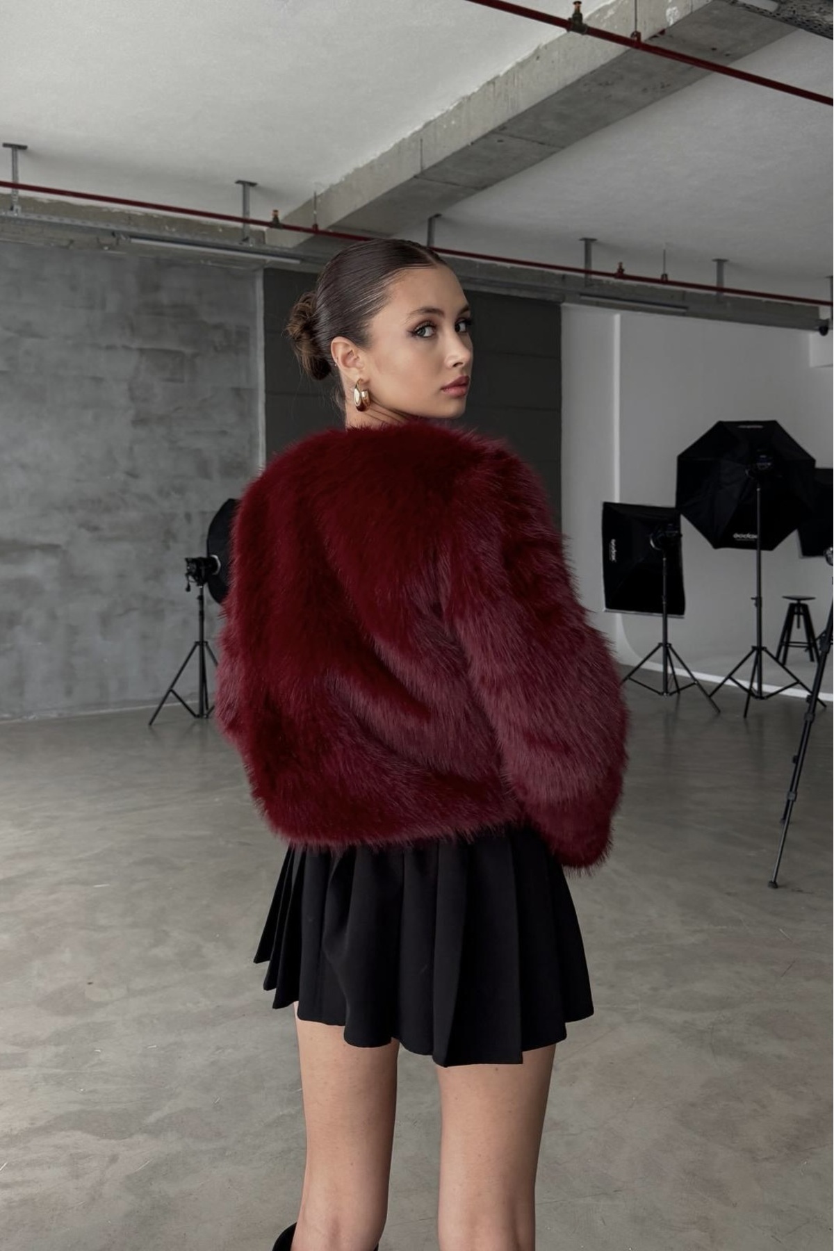 Moderk  ZR İthal Premium Kalite Bordo Yakasız Kürk Kadın Mont Ceket Kaban - Görsel 6