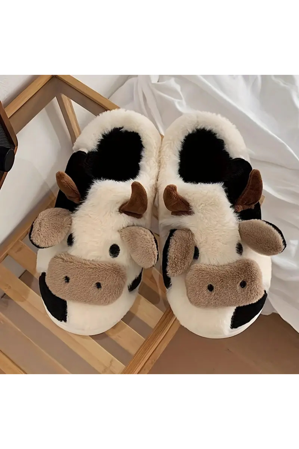 Gofeel Harajuku Tatlı İnek Yumuşak Tüylü Pofuduk Peluş Panduf Terlik görsel 2
