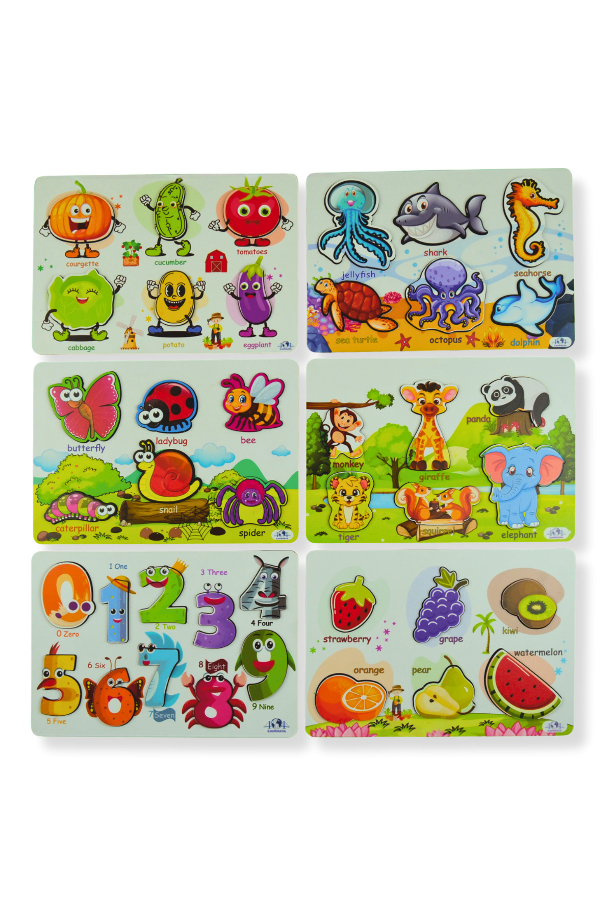 مجموعه پازل آموزشی غول‌پیکر چوبی انگلیسی ۶ تکه - حیوانات، میوه‌ها، سبزیجات، اعداد، حشرات